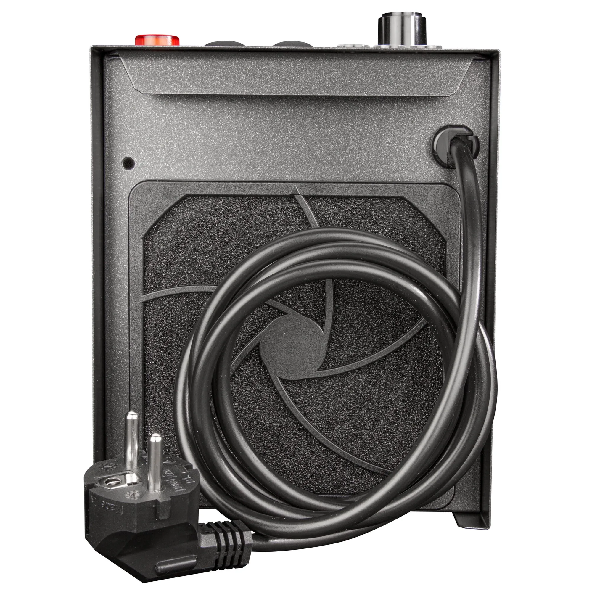 Rückansicht des schwarzen Heizgeräts Ecomat 2000 Select mit Lüftungsgitter, Netzkabel und Stecker