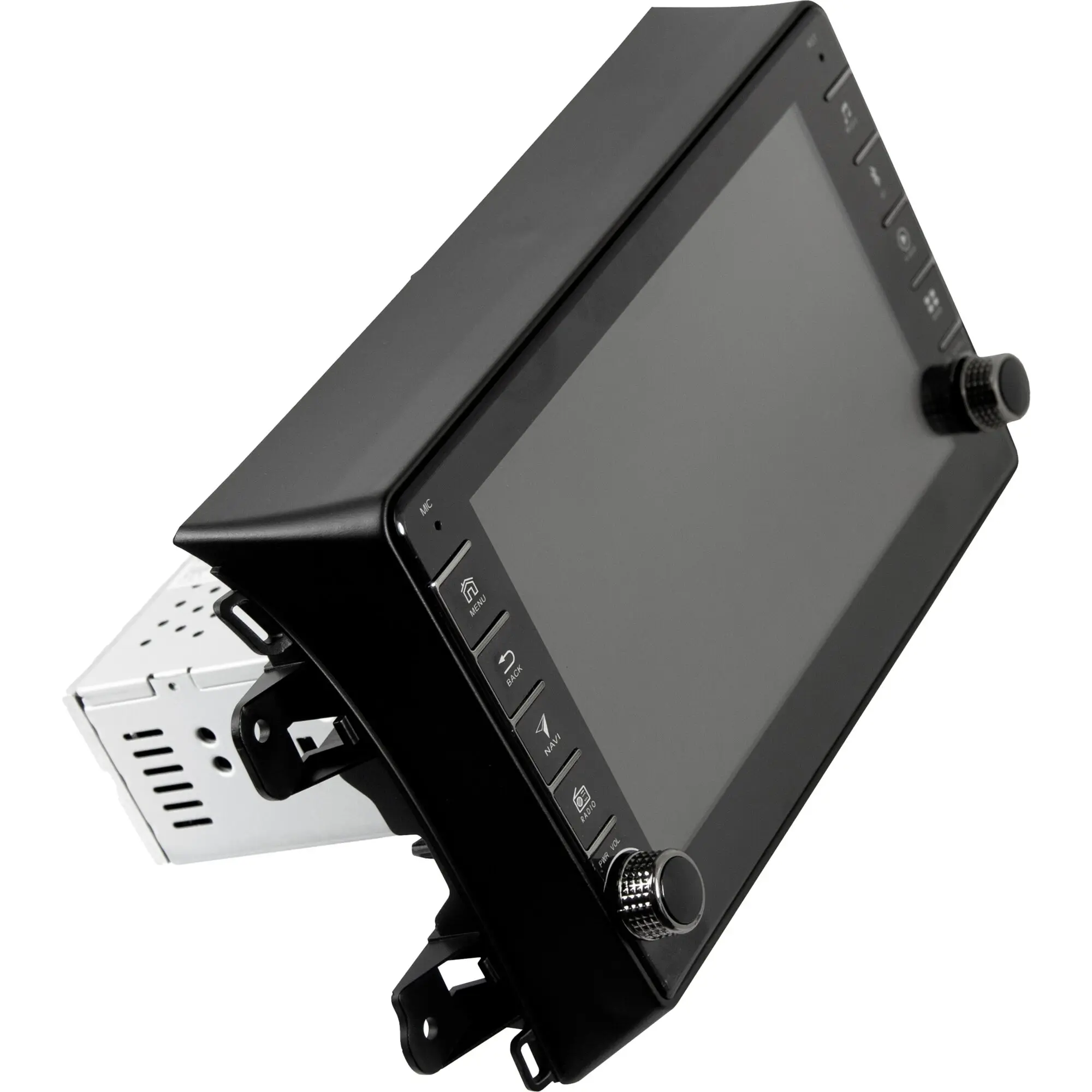 Schwarzer 2-DIN Navigationsbildschirm ESX Vision VNC830 mit Touchscreen, seitlichen Funktionsknöpfen und Drehknopf, montiert an Metallhalterung
