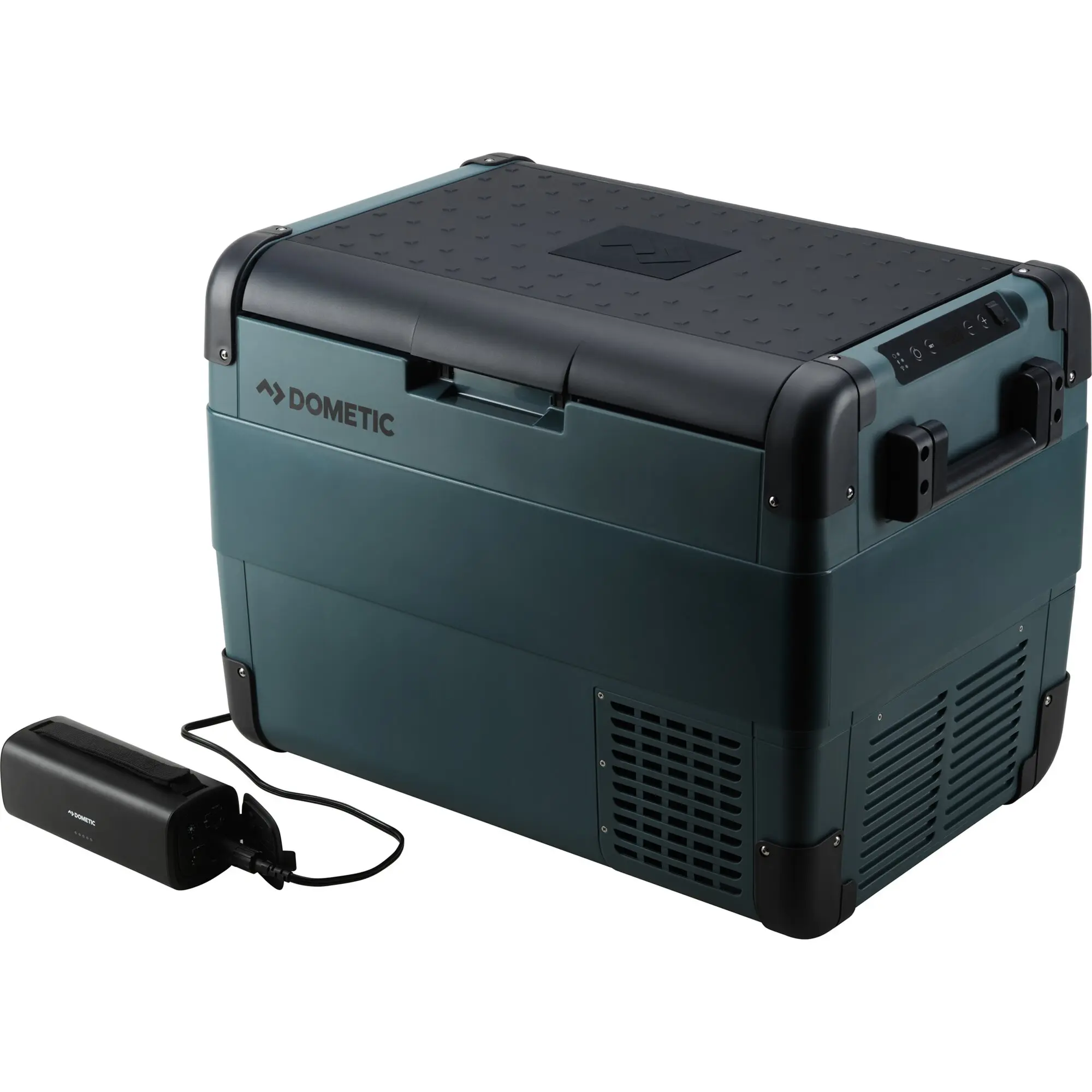 CFX2 Kompressor-Kühlbox in türkis-grünem Gehäuse mit schwarzen Kanten, seitliche Lüftung, DOMETIC-Logo, Deckelmuster, Netzteil mit Kabel
