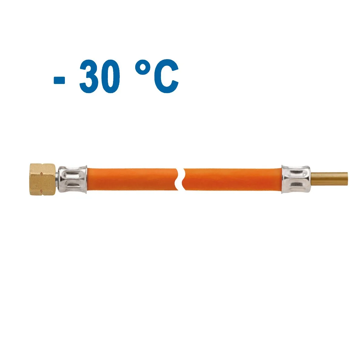 Orange Mitteldruck-Schlauchleitung mit Messinganschlüssen, Edelstahl-Presshülsen und Kennzeichnung -30 °C