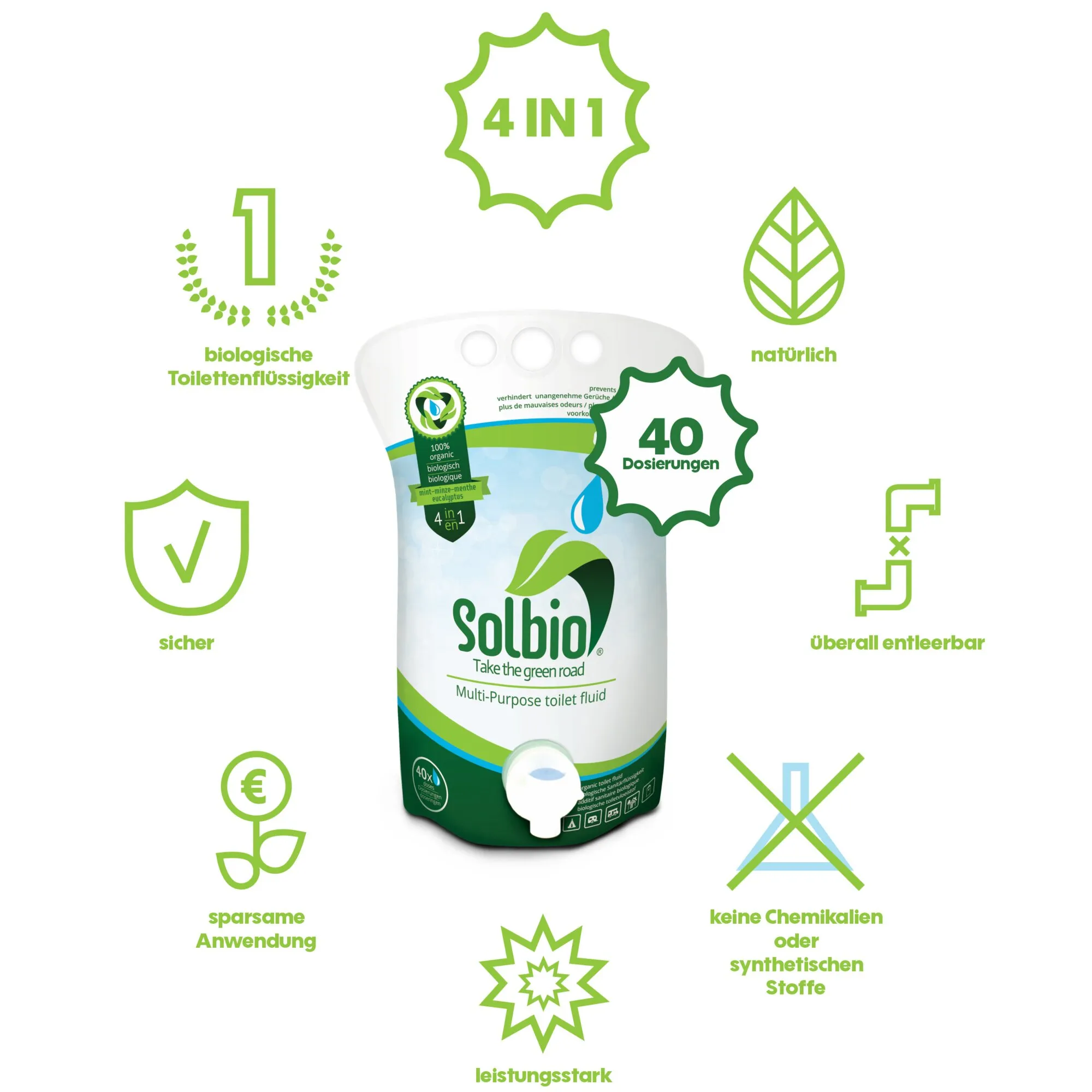 Solbio Toilettenzusatz 4 in 1 im 1,6-Liter-Beutel mit Dosieröffnung und grüner, weißer Verpackung für 40 Dosierungen
