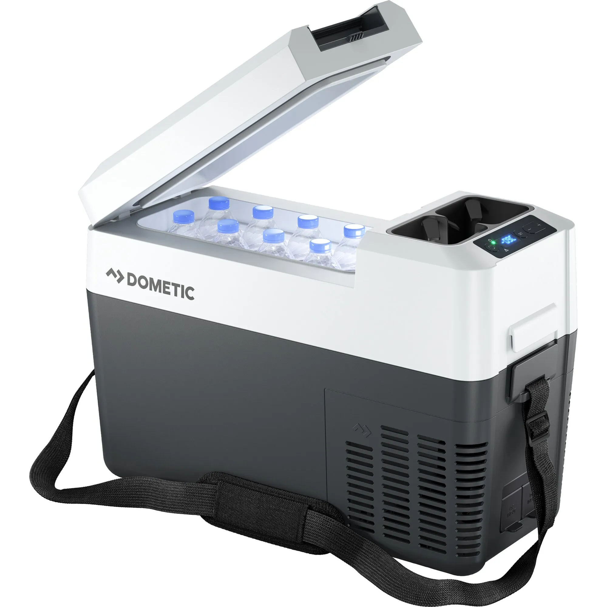 Dometic CFF 13 l Kompressor-Kühlbox in Weiß und Anthrazit, geöffnet mit Wasserflaschen, Bedienfeld und Tragegurt