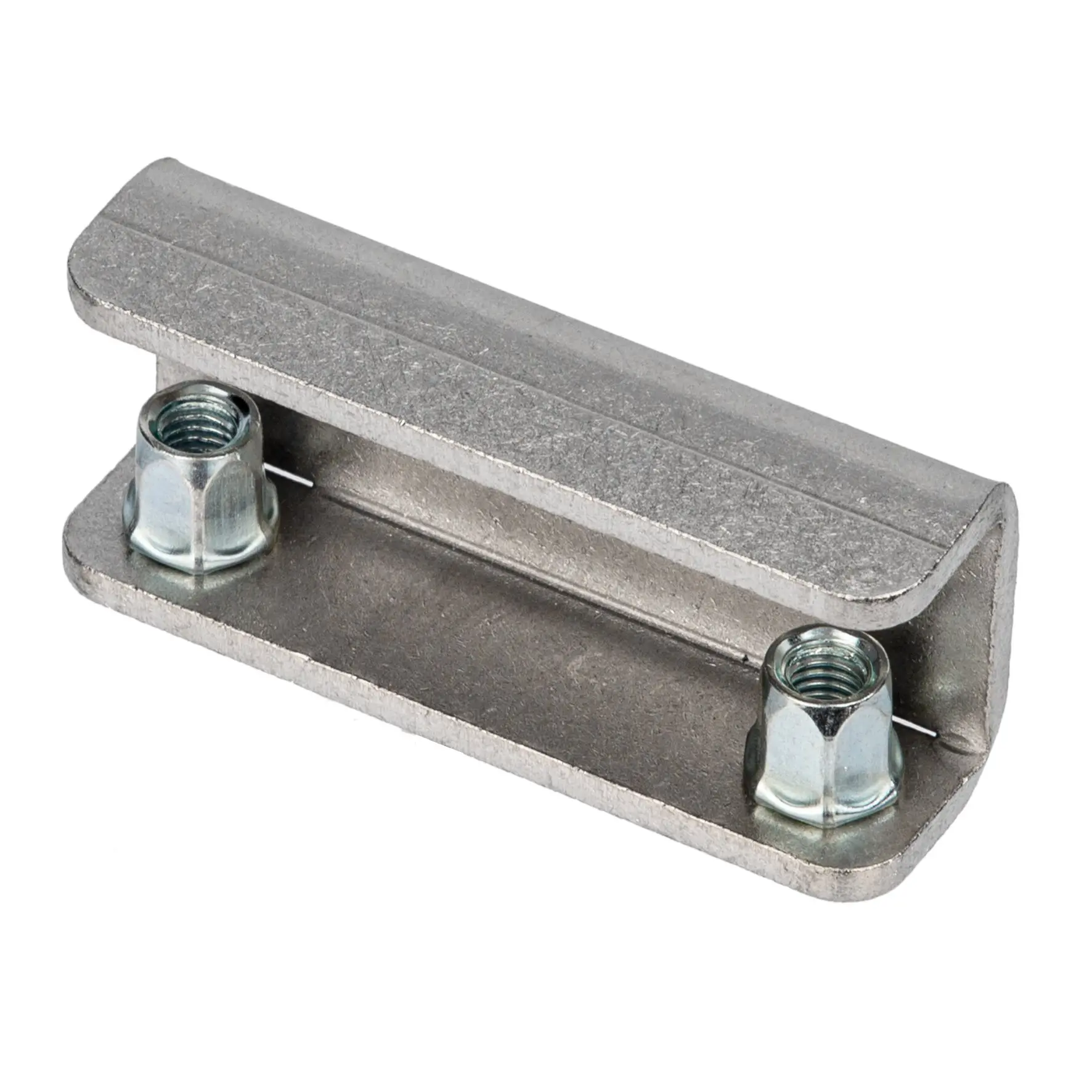 Zentralhalterung unten aus Metall mit flacher Basis, zwei Sechskantmuttern auf der Grundplatte und einer sichtbaren Innengewindebohrung links