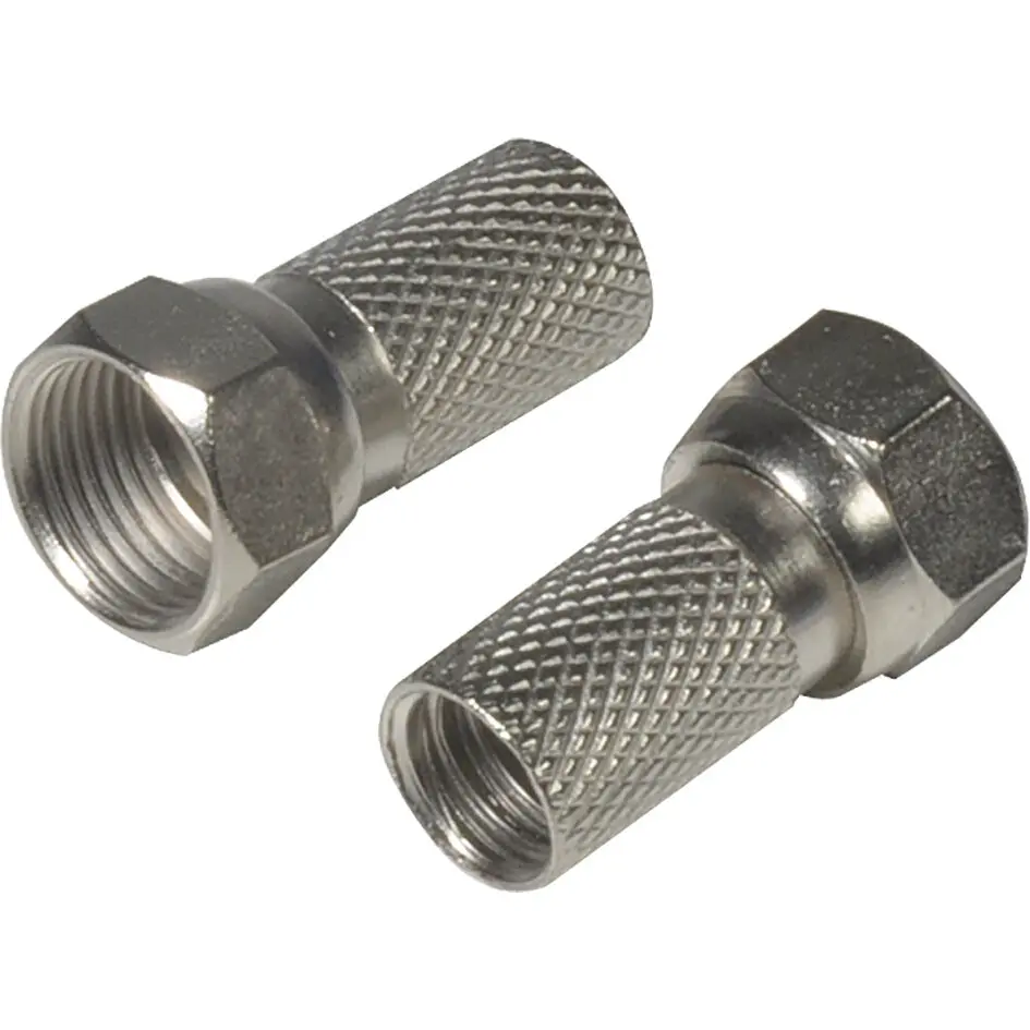 Zwei silberne F-Stecker-Adapter 7 mm mit knurlierter Oberfläche, Innengewinde sichtbar am offenen Ende