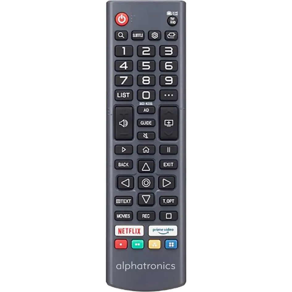 Schwarze Fernbedienung von alphatronics für TV der SL-Linie mit Zifferntasten, Navigation, Netflix- und Prime-Video-Tasten