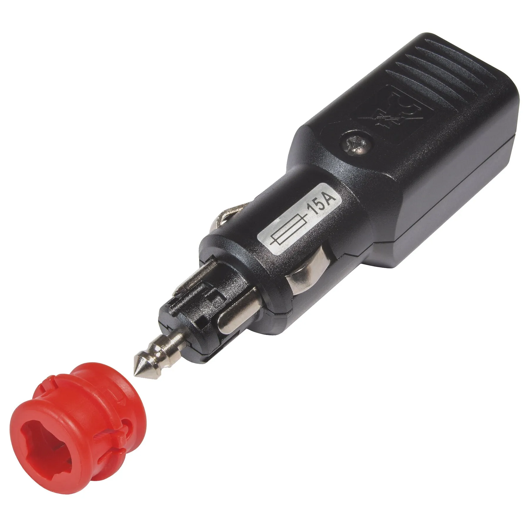 Schwarzer Universalstecker mit Metallkontakten und sichtbarer 15-A-Kennzeichnung, daneben ein roter Adapteraufsatz
