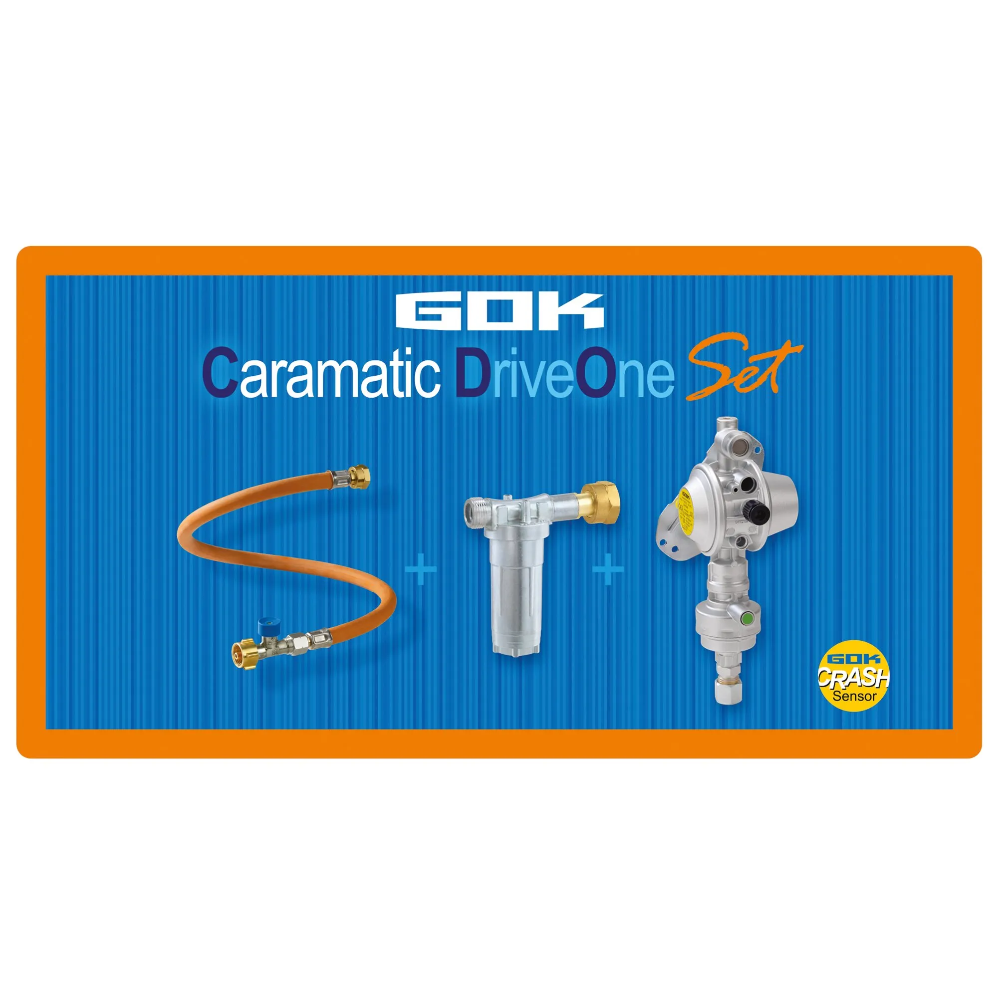GOK Caramatic DriveOne Set, vertikale Sicherheits-Gasdruck-Regelanlage mit orangefarbener Schlauchleitung, Filter und Crash-Sensor