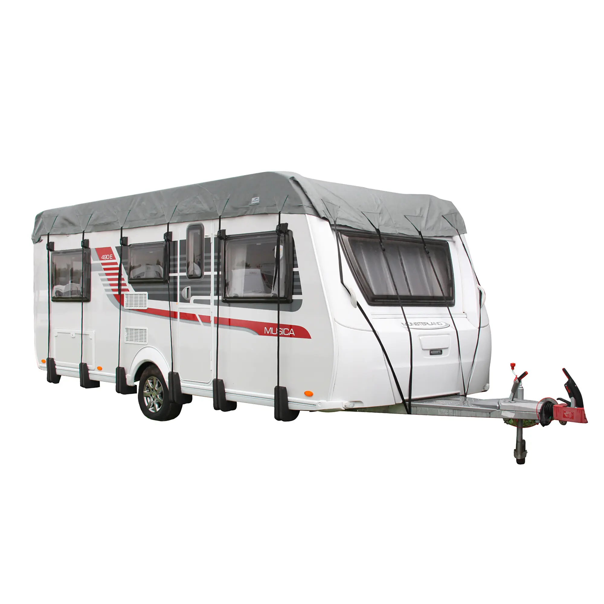 Graue Dachschutzplane bedeckt das Dach eines weißen Wohnmobils, mit schwarzen Spanngurten befestigt; Vorderseite mit Fenstern sichtbar