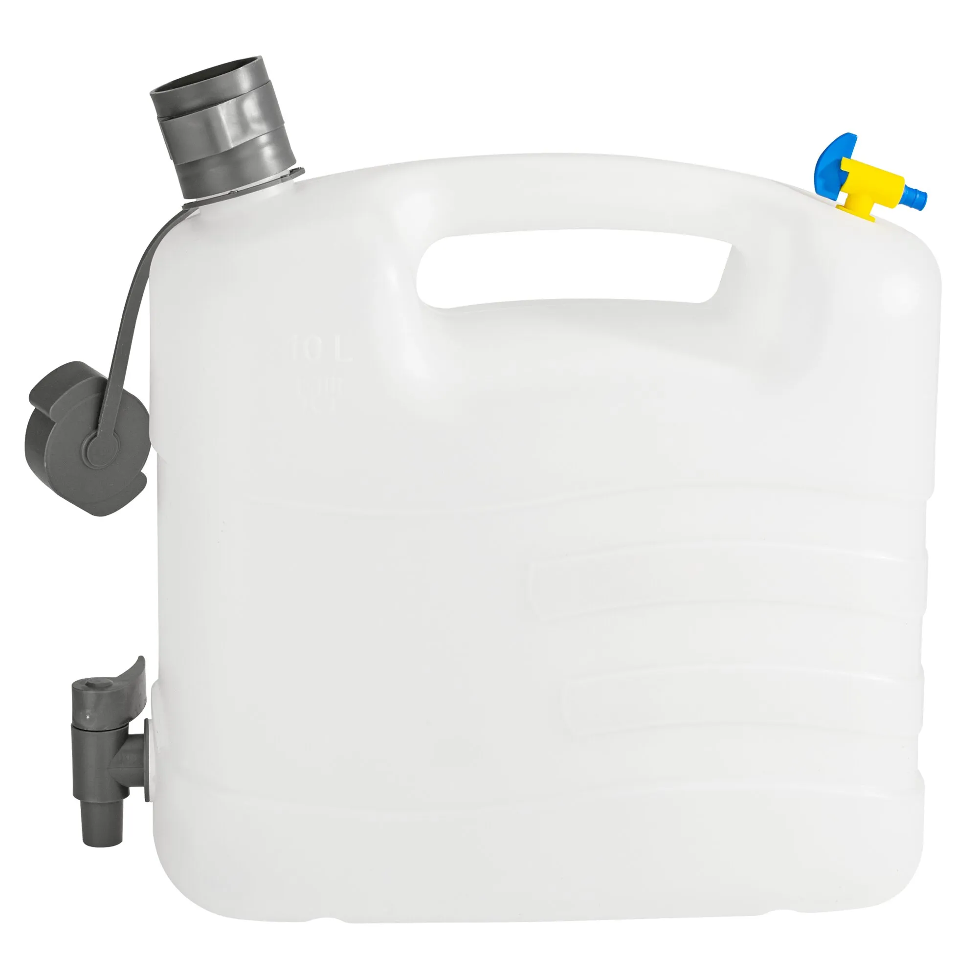 Weißer 10-Liter-Kunststoffkanister mit Tragegriff, grauem Schraubverschluss, Entlüftungshahn und blau-gelbem Anschlussaufsatz