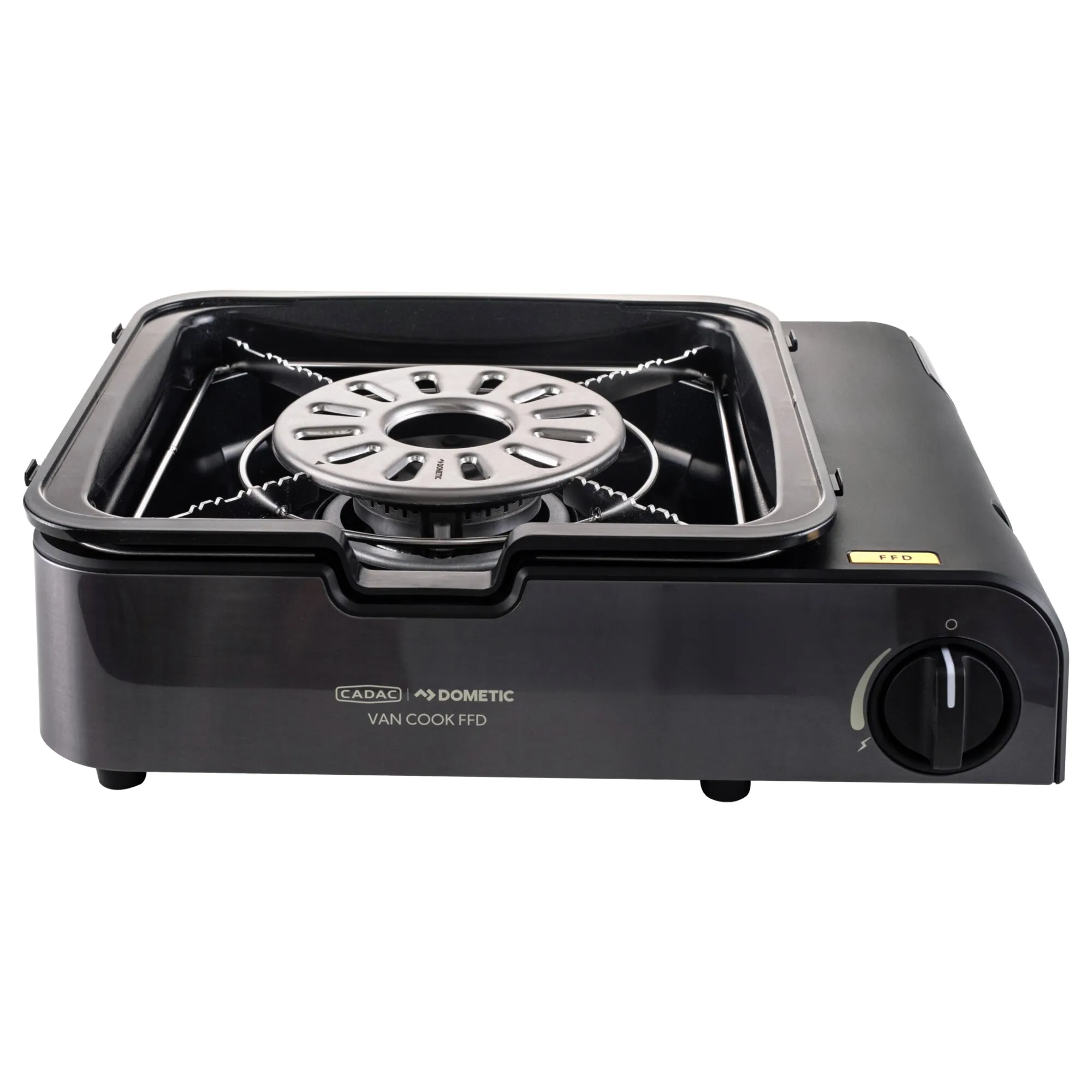 Schwarzer Campingkocher CADAC Dometic Van Cook FFD Combo mit rundem Brenner, Topfauflage und Drehregler
