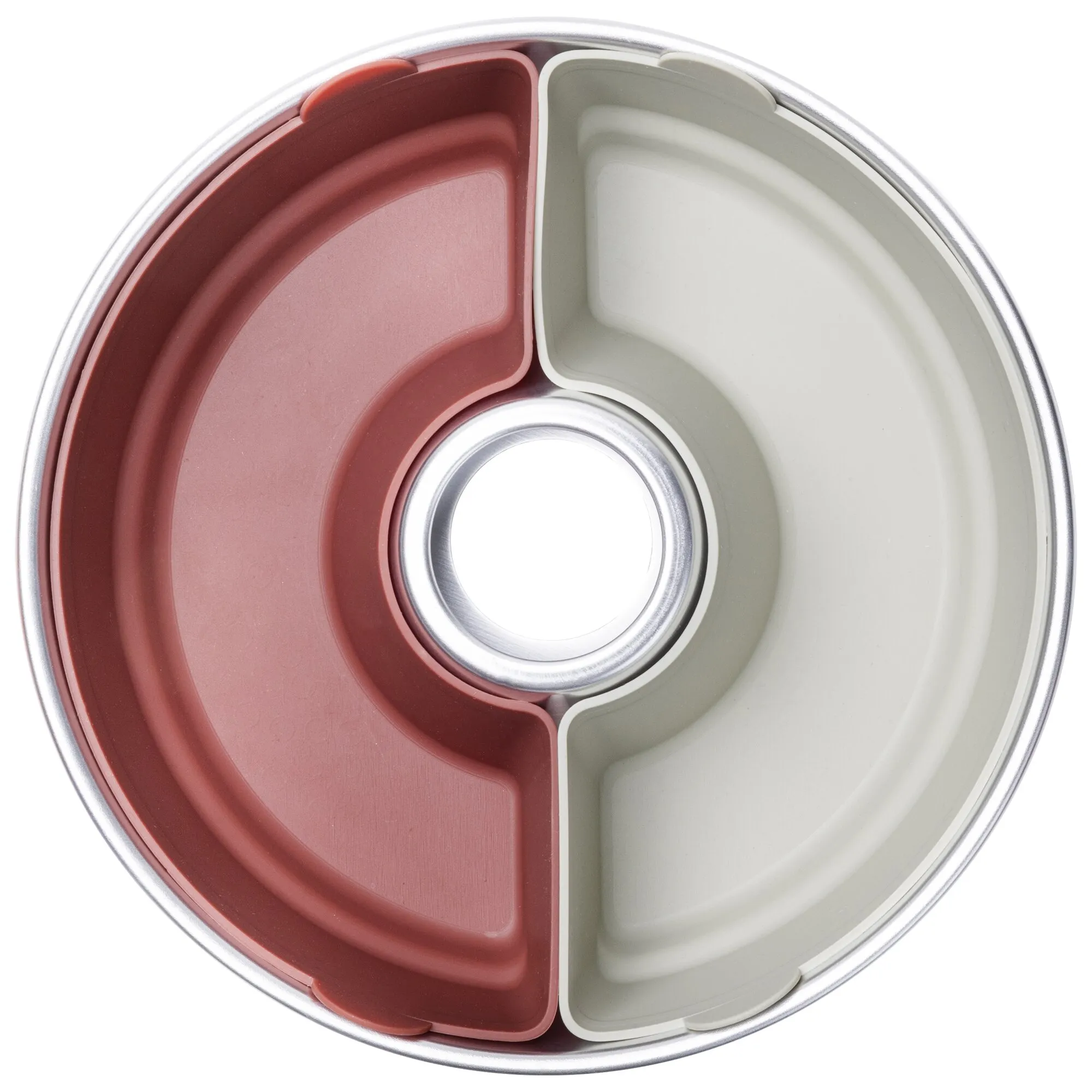 Runde Backform mit sechs ineinandergreifenden Silikonformen in Rot und Creme, zentraler Öffnung und silbernem Metallrand