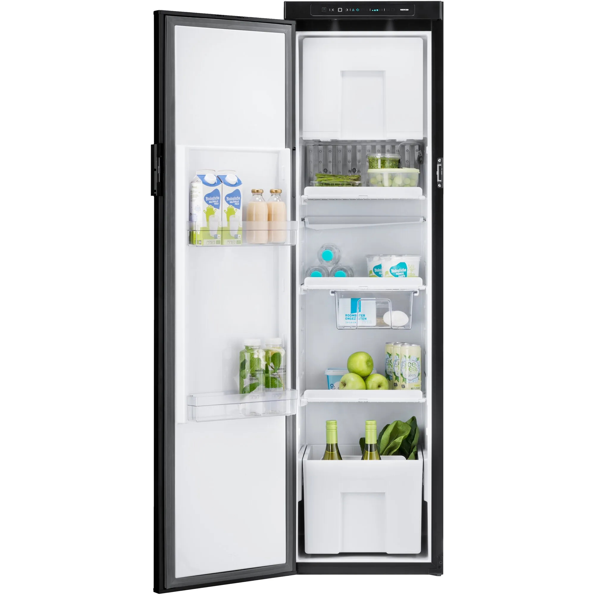 Schwarzer Kühlschrank N4142 E+ mit geöffneter Tür, LED-Innenbeleuchtung, Gefrierfach und gefüllten Ablagen für Lebensmittel