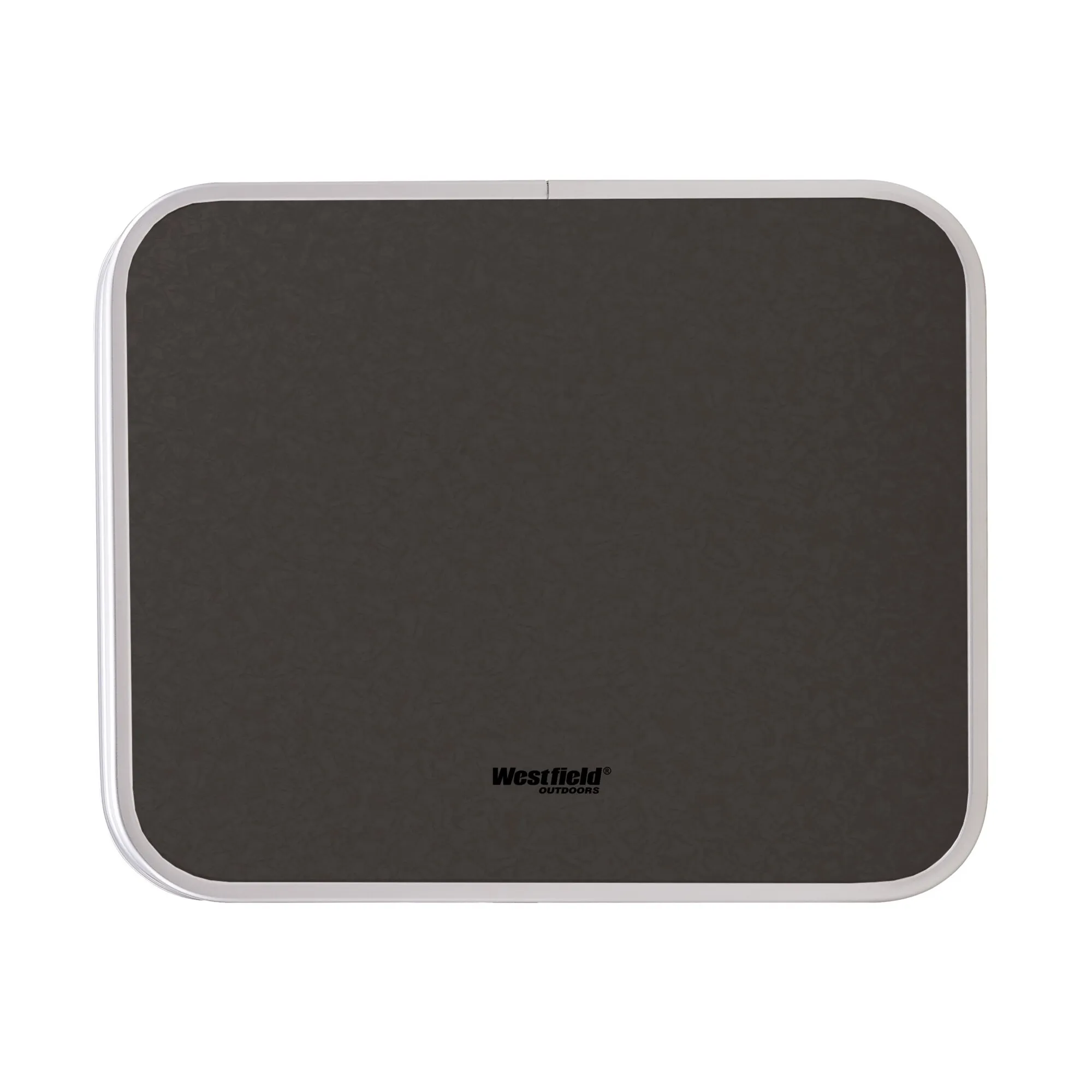 Schwarze rechteckige Hockerplatte mit abgerundeten Ecken, silbernem Rand und Westfield-Outdoors-Logo, 42 cm