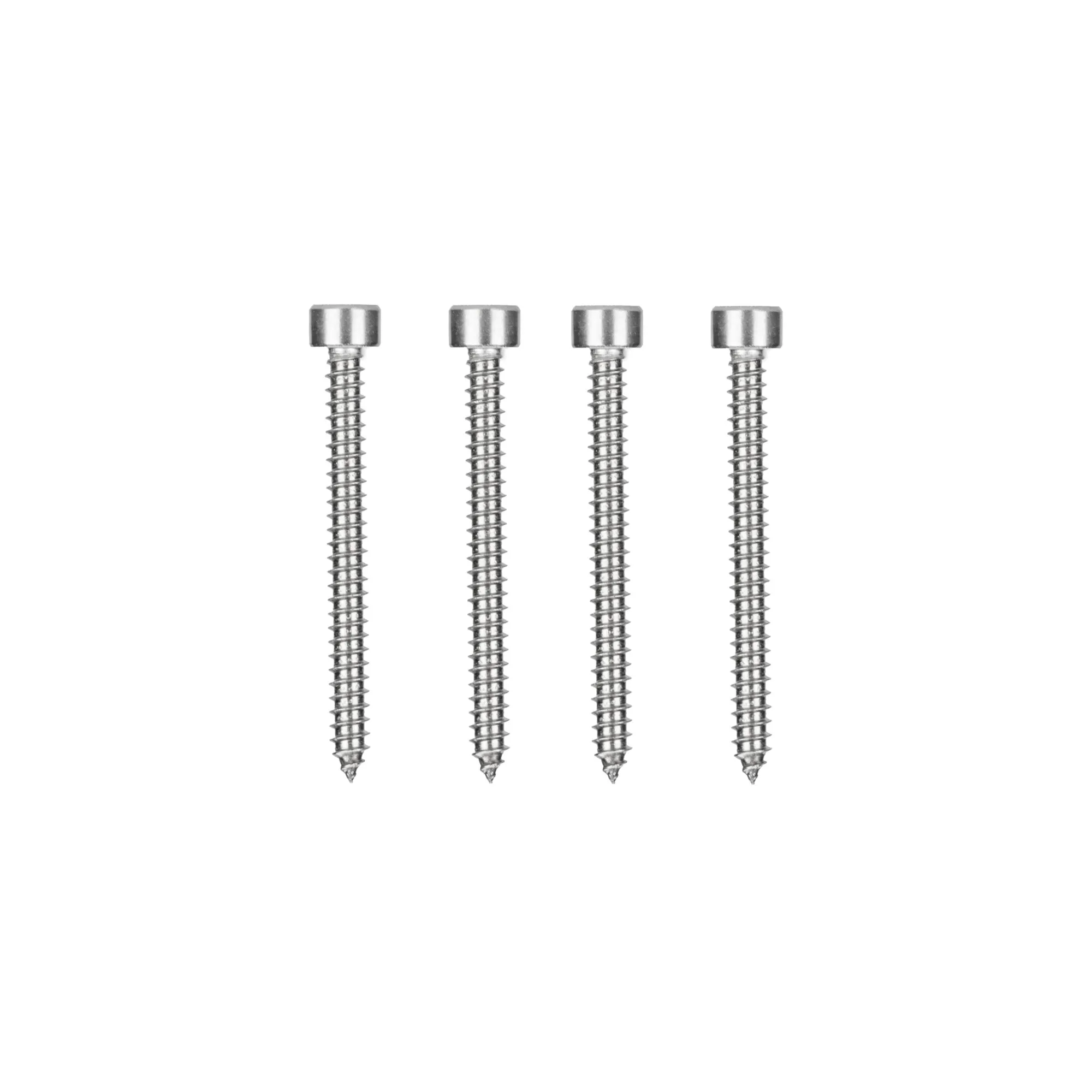 Vier silberfarbene Metallschrauben mit breitem Zylinderkopf und spitzem Gewinde für die Sicherheitsklemmstange SKH Midi Heki