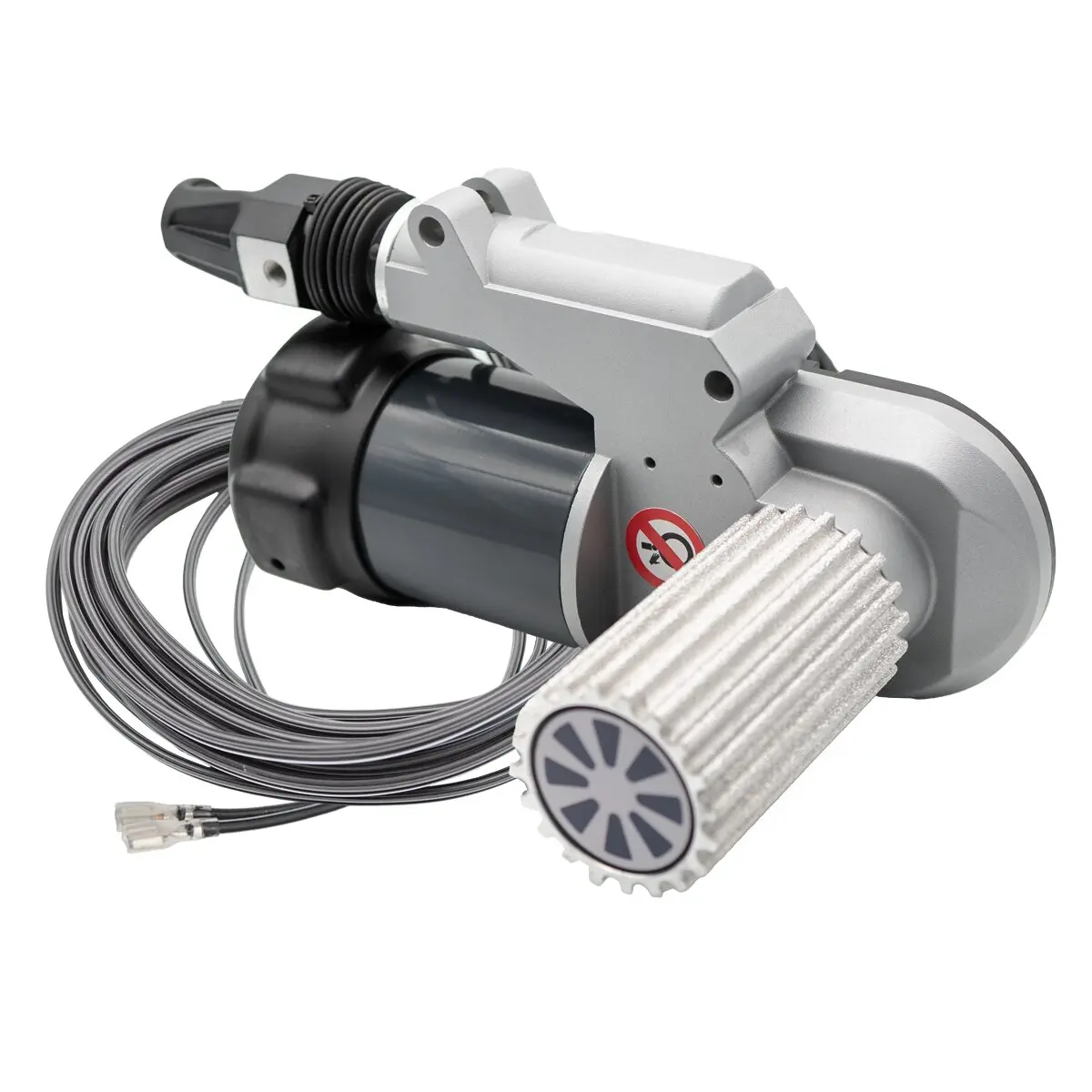 Motor mit Getriebe, graues Gehäuse, schwarzer Motorblock, Drahtkabelspirale und gezahntes silbernes Zahnrad