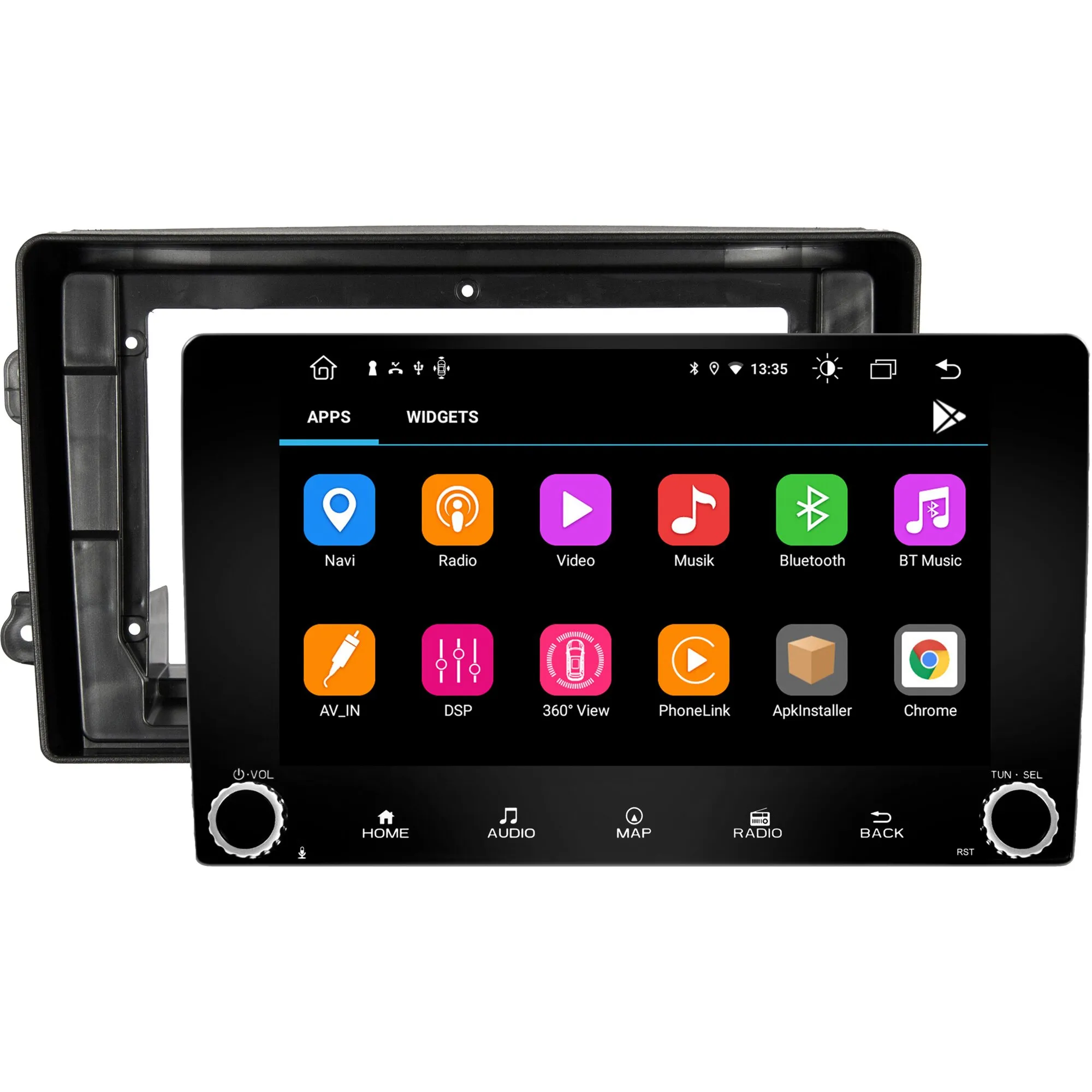 Schwarzes ESX Vision VNC940 4G Navigationssystem mit Touchscreen, App-Menü, Drehreglern und passender Einbaurahmen-Blende