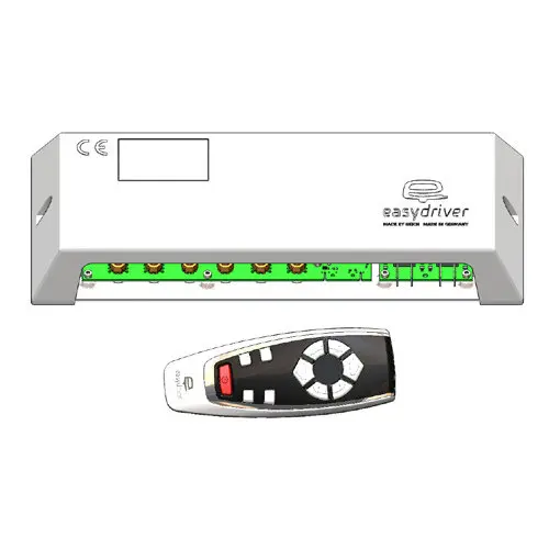 Elektronik-Set 2.3 easydriver: helles Gehäuse mit grüner Leiterplatte und Schraubklemmen, CE-Kennzeichnung; darunter Fernbedienung mit Rundrad