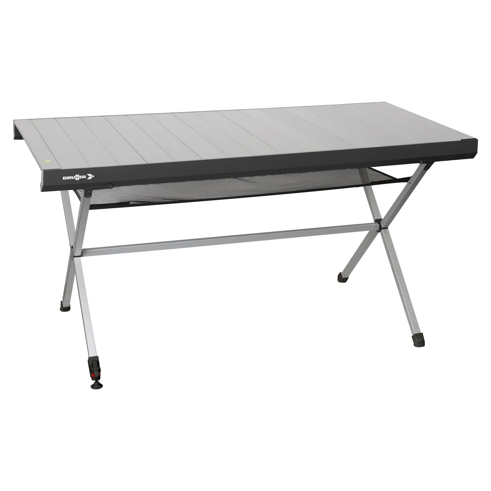 Rolltisch Titanium Axia von Brunner mit 147 cm großer grauer Tischplatte, Klappbeinen und schwarzem Ablagenetz