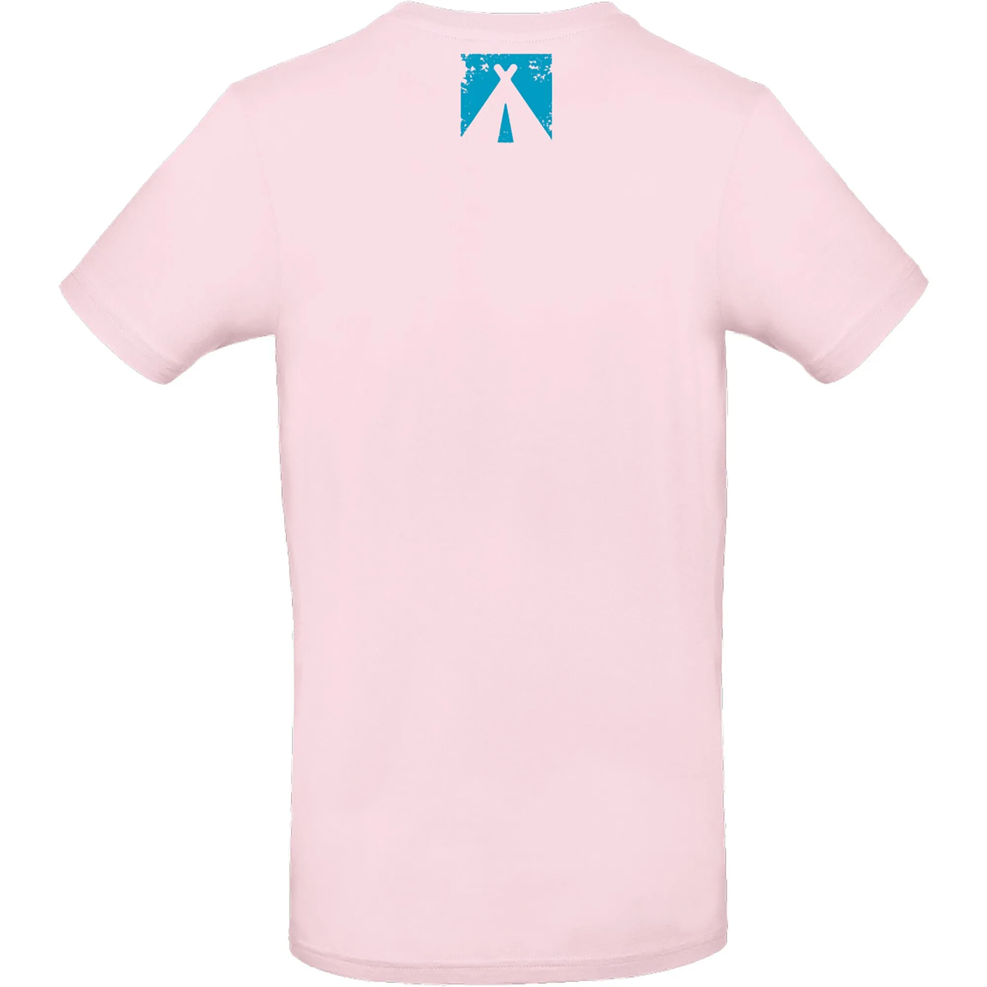 Rosa T-Shirt Vanlife 1 mit kurzen Ärmeln und blauem Zeltsymbol auf der Vorderseite, Größe XL