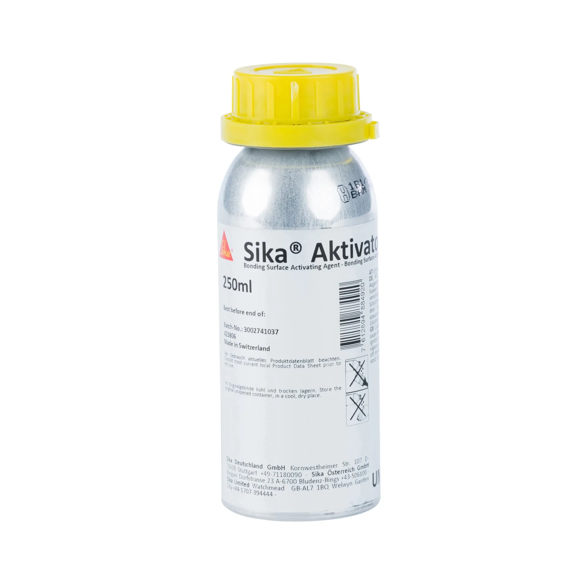 Sika® Aktivator-205 in silberner 250-ml-Dose mit gelbem Schraubverschluss zur Vorbehandlung nicht poröser Untergründe