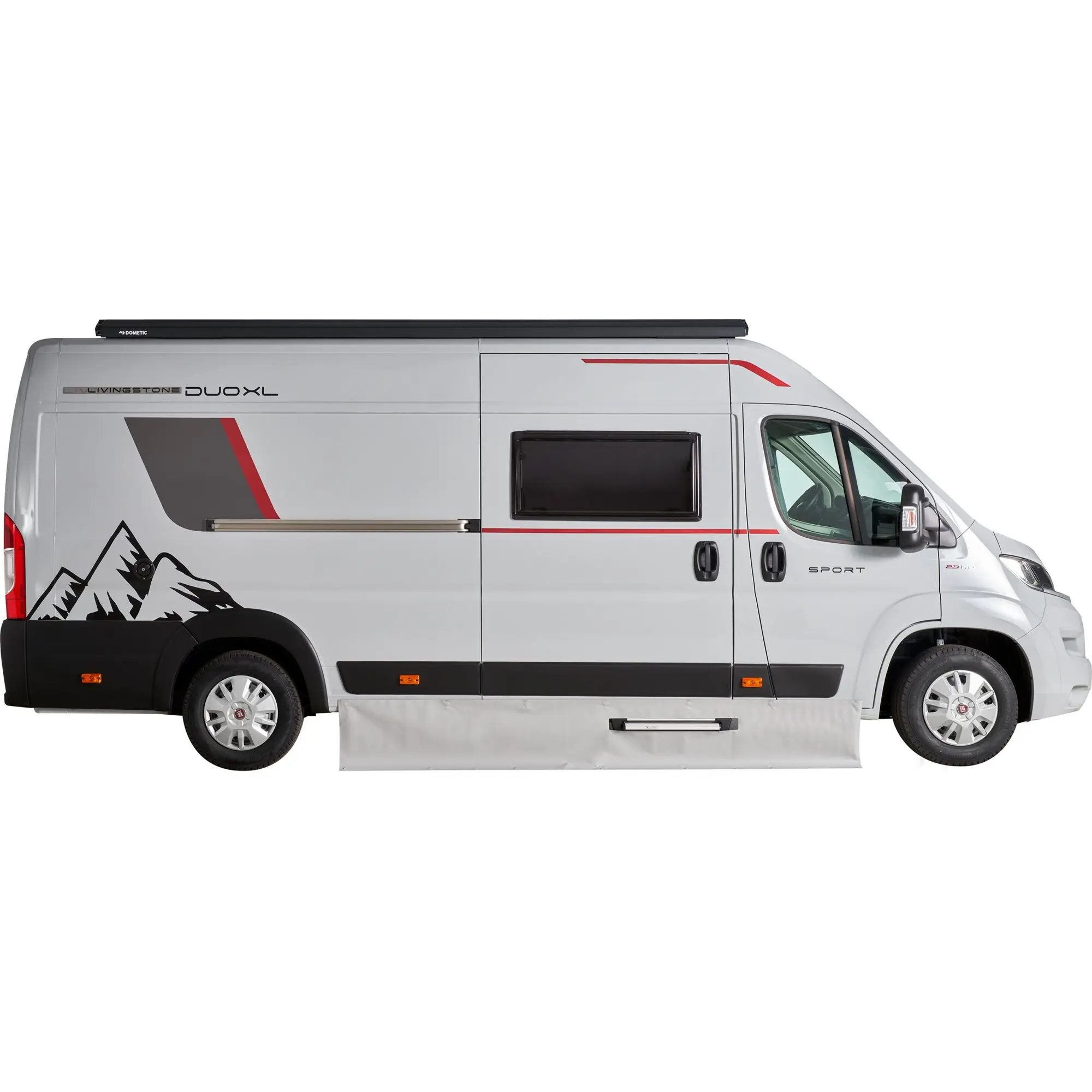 Seitenansicht eines weißen Ducato-Wohnmobils mit schwarzer Magnet-Windblende auf dem Dachträger, Bergmotiv-Grafik seitlich