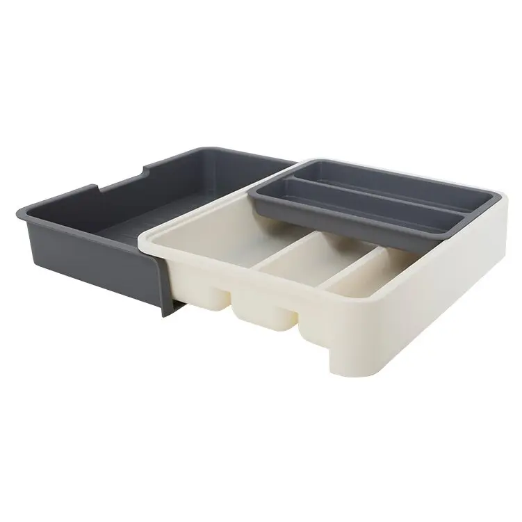 Verstellbarer Besteckkasten aus Kunststoff in beige mit drei Fächern und zwei grauen Einsätzen, einer größer, einer kleiner