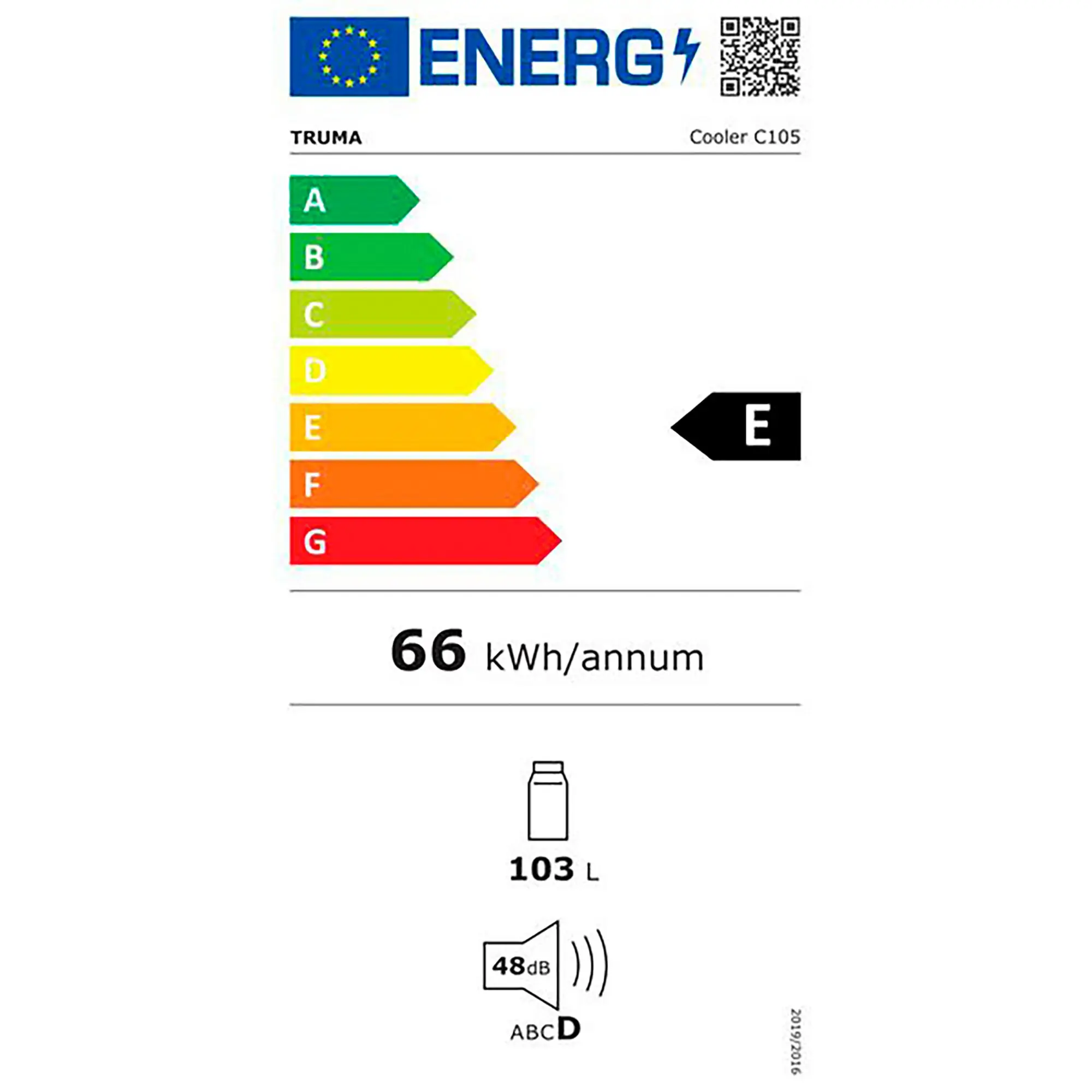 EU-Energiekennzeichnung für TRUMA Cooler C105 Kühlbox, farbige Skala A bis G von Grün bis Rot, Kapazität 103 L, Energieverbrauch 66 kWh/annum