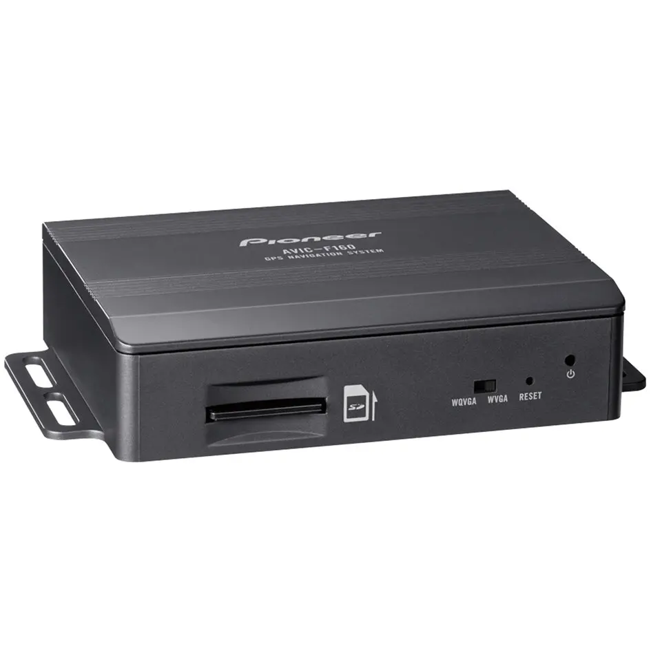 Schwarzes Navigationsmodul mit Front-SD-Slot, sichtbaren Tasten und LEDs, Power- und Reset-Taste, seitliche Befestigungswinkel, Oberseite mit Pioneer AVIC-F160 Logo