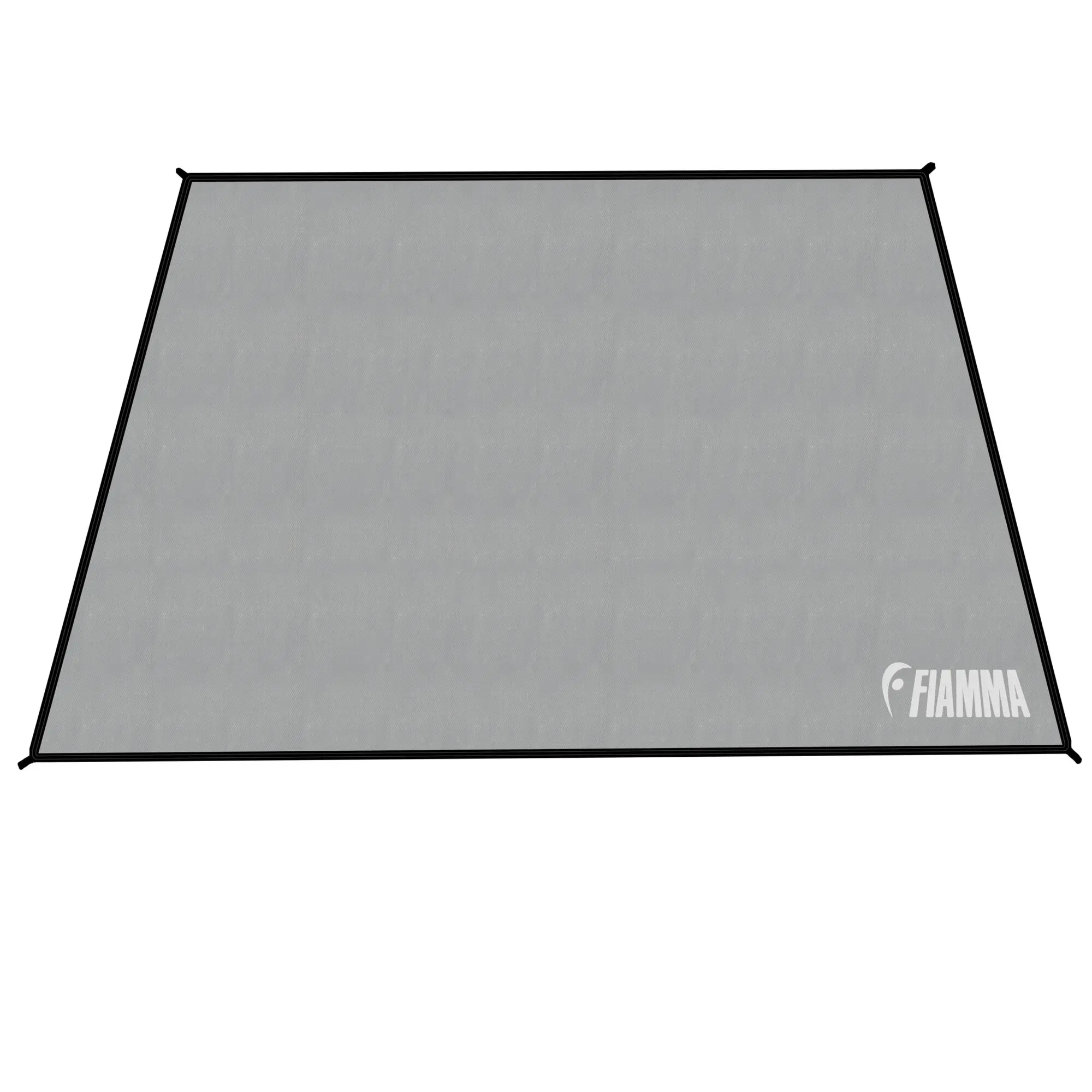 Große graue Patio-Mat Zeltteppich 540 cm mit schwarzem Rand, rechteckige Form mit leicht trapezförmigen Seiten, FIAMMA-Logo unten rechts sichtbar