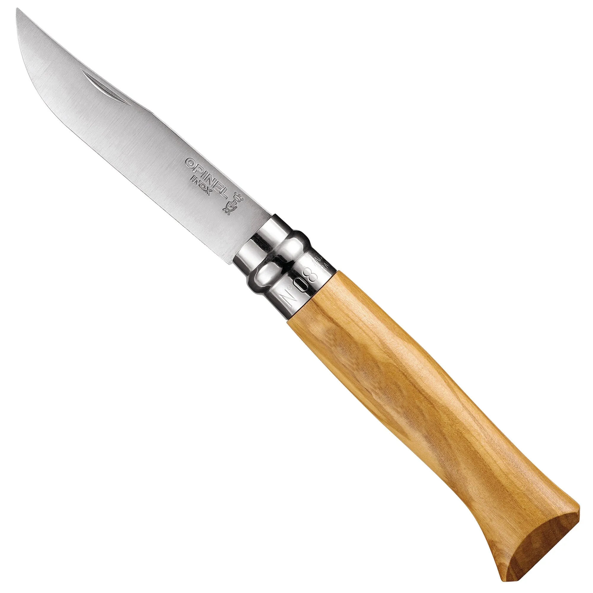 Geöffnetes Klappmesser No. 8 von Opinel mit silberner Klinge und Griff aus hellem Olivenholz in diagonaler Ansicht