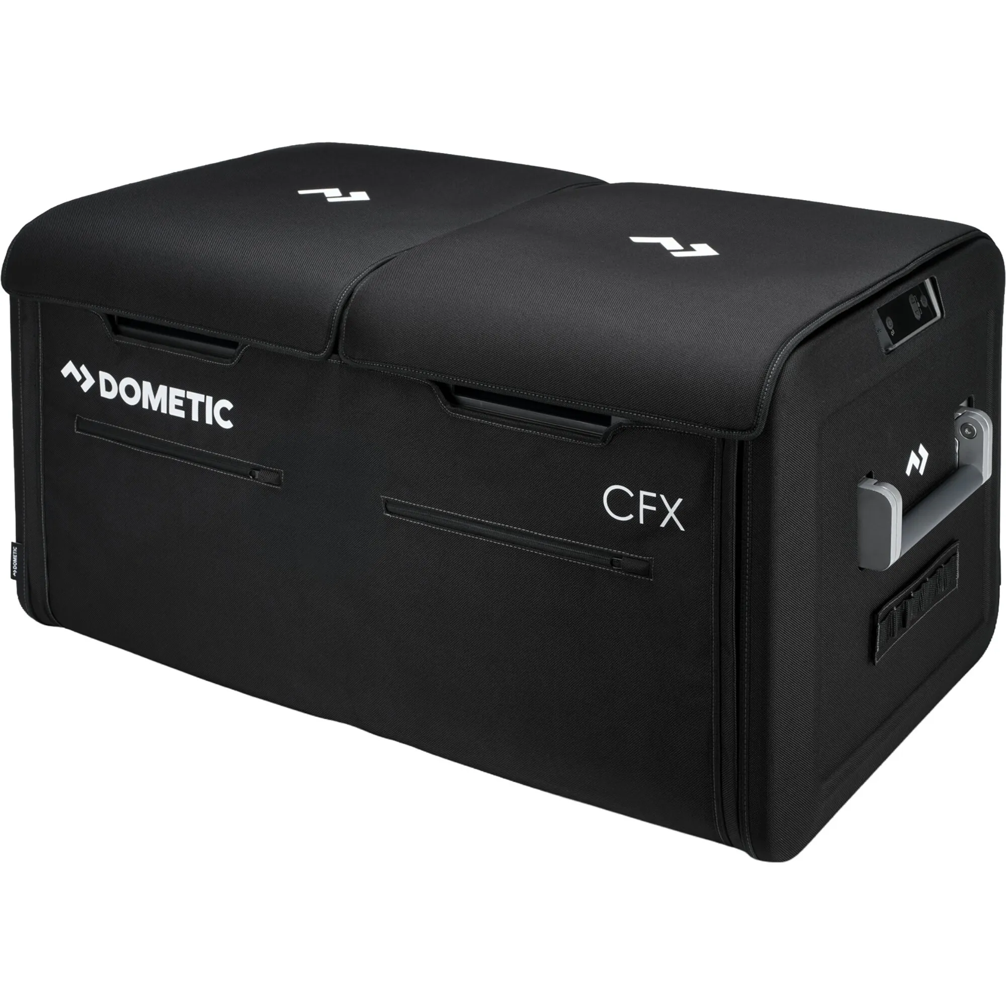 Schwarze Dometic-Schutzhülle für die CFX5 95DZ mit zwei Deckelklappen, Tragegriffen und seitlichen Aussparungen