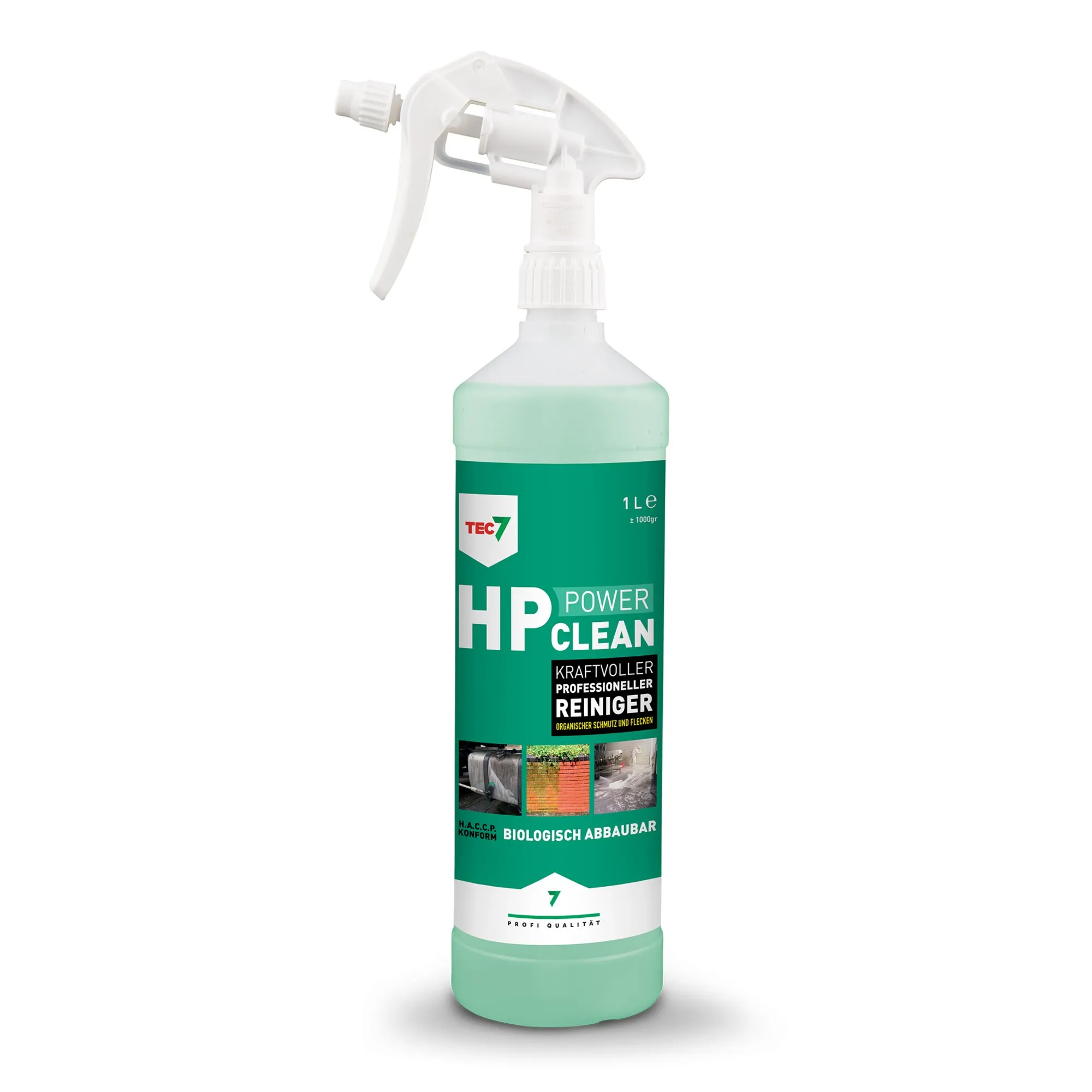 Grüne 1-Liter-Sprühflasche TEC7 HP Power Clean mit weißem Sprühkopf und Etikett für professionellen Reiniger