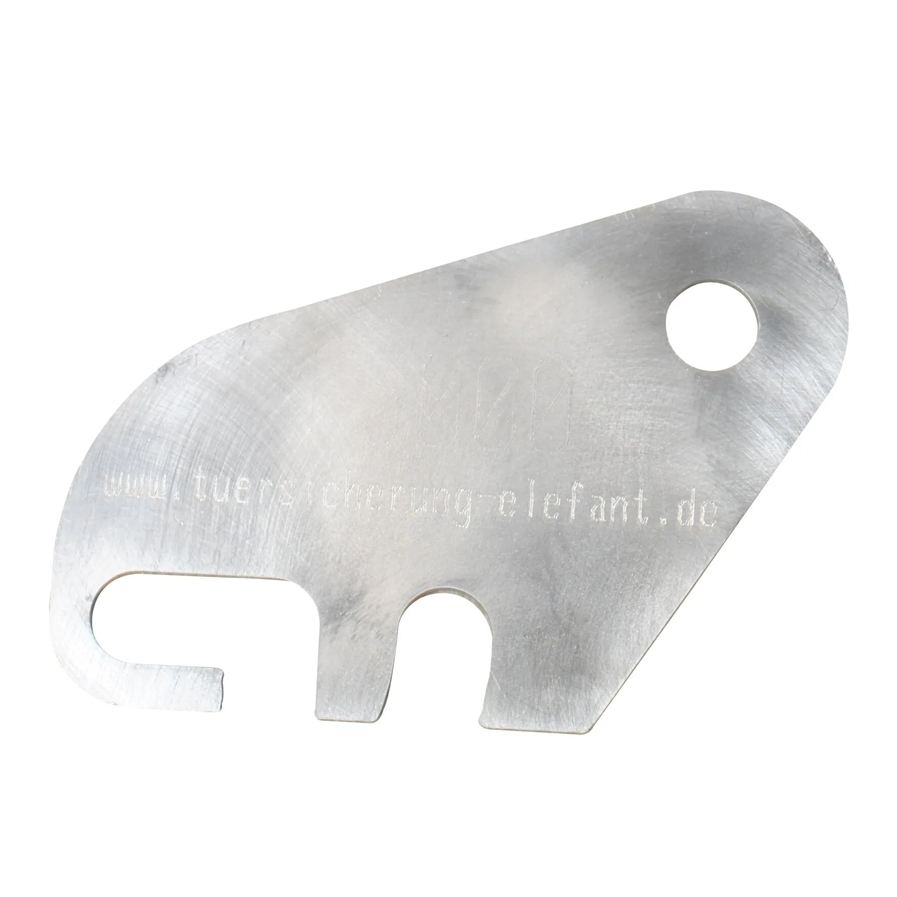 Silberfarbene Türsicherung Elefant 1 aus Metall mit zwei Aussparungen und einem runden Befestigungsloch