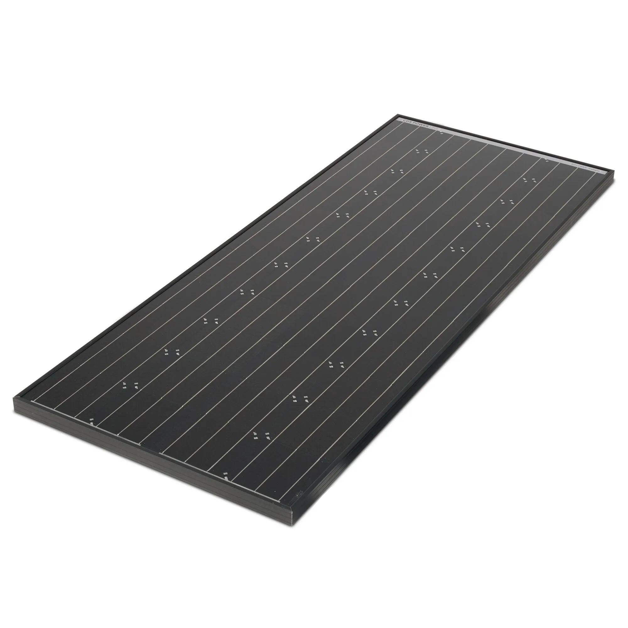 Solarmodul MT CDS Line, 210 Wp; dunkles rechteckiges Panel mit feinen Linien und silbernem Rahmen, perspektivisch von unten rechts betrachtet