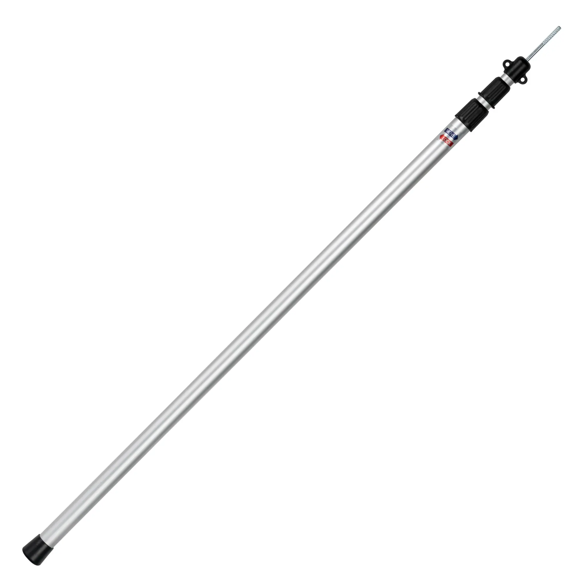 Diagonal angelegte Teleskopstange aus Aluminium mit silbernem Schaft, schwarzen Griffsegmenten, Endkappe unten und geriffelter Metallspitze oben