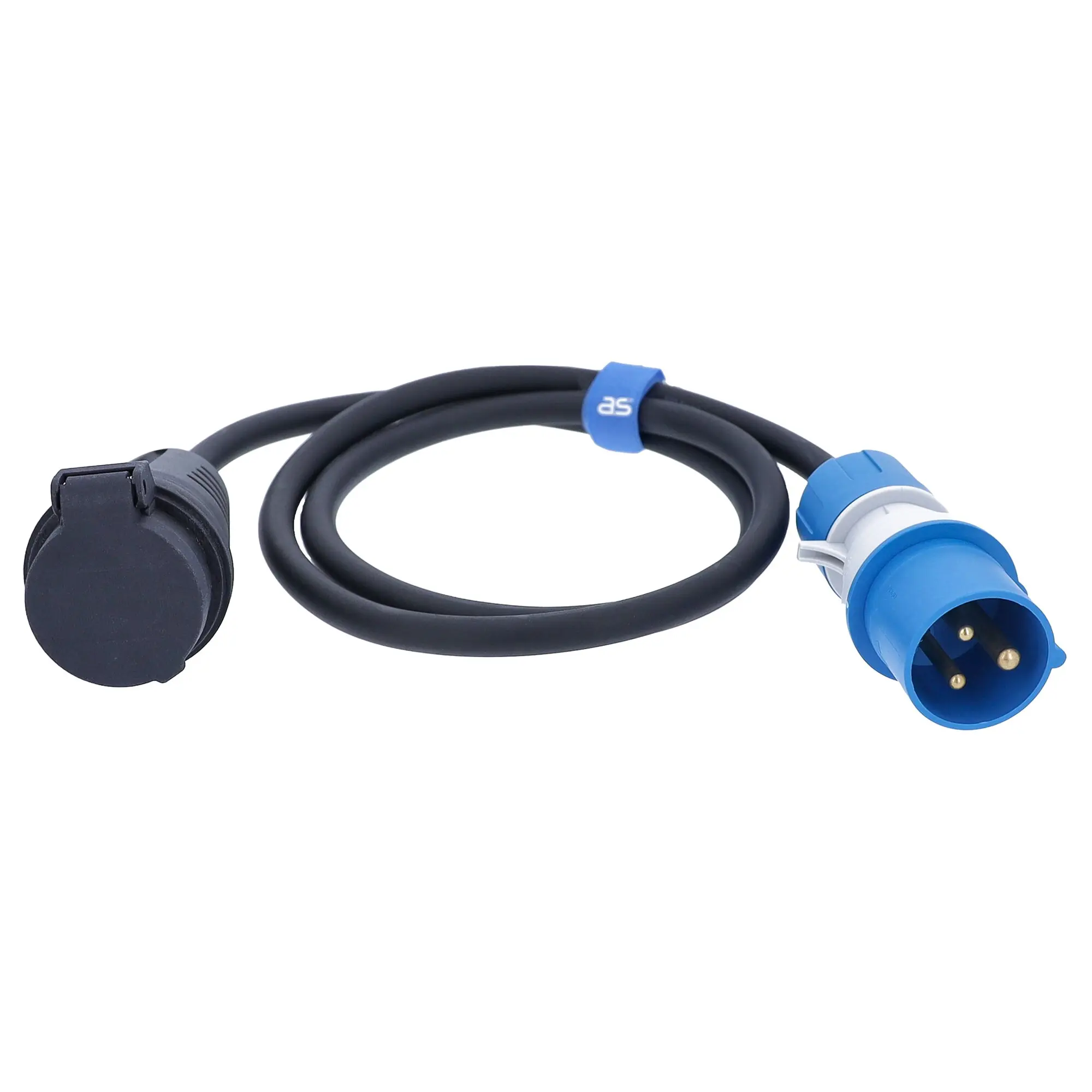 Adapterkabel CEE zu SEV Schweiz, 1,5 m: schwarzes Kabel mit blauem runden Stecker am rechten Ende (zwei goldfarbene Kontakte) und dunklem Gegenstecker am linken Ende