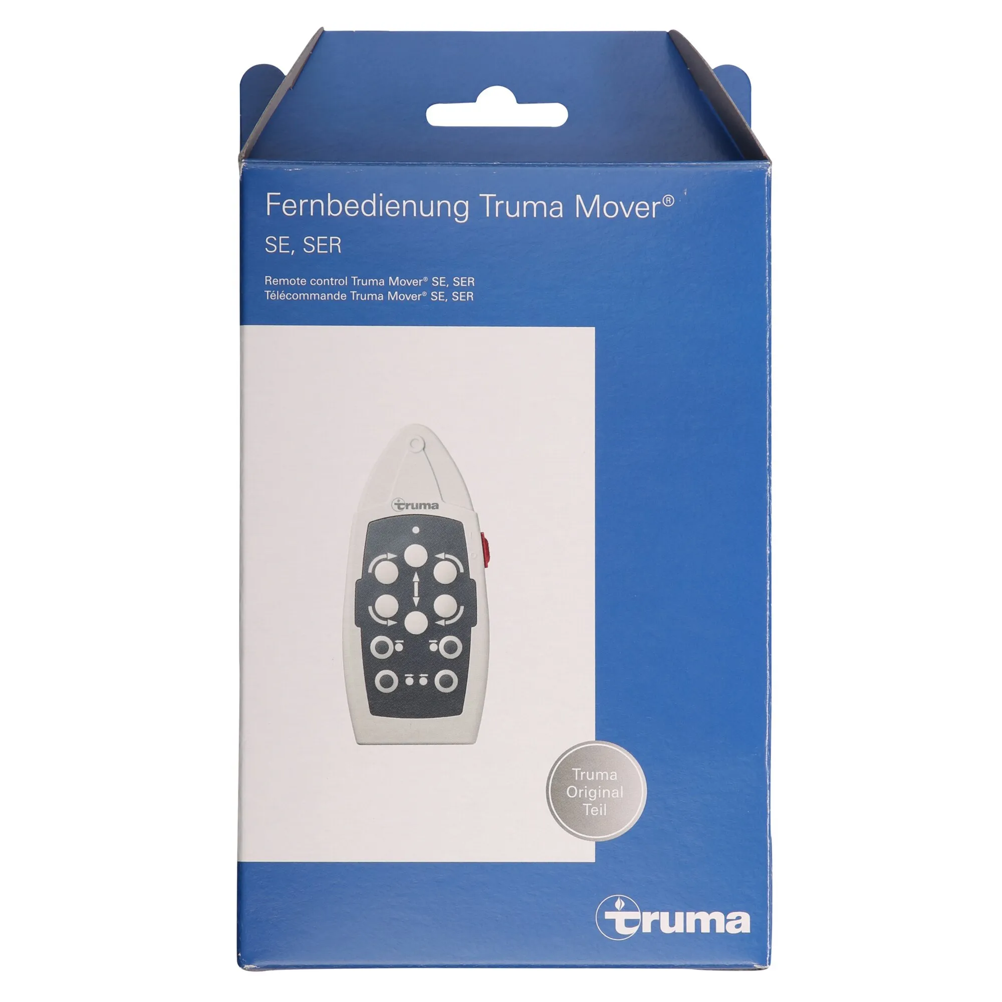 Blaue Verpackung der Truma Mover Fernbedienung SE, SER mit Abbildung einer grauen Fernbedienung und Bedienknöpfen