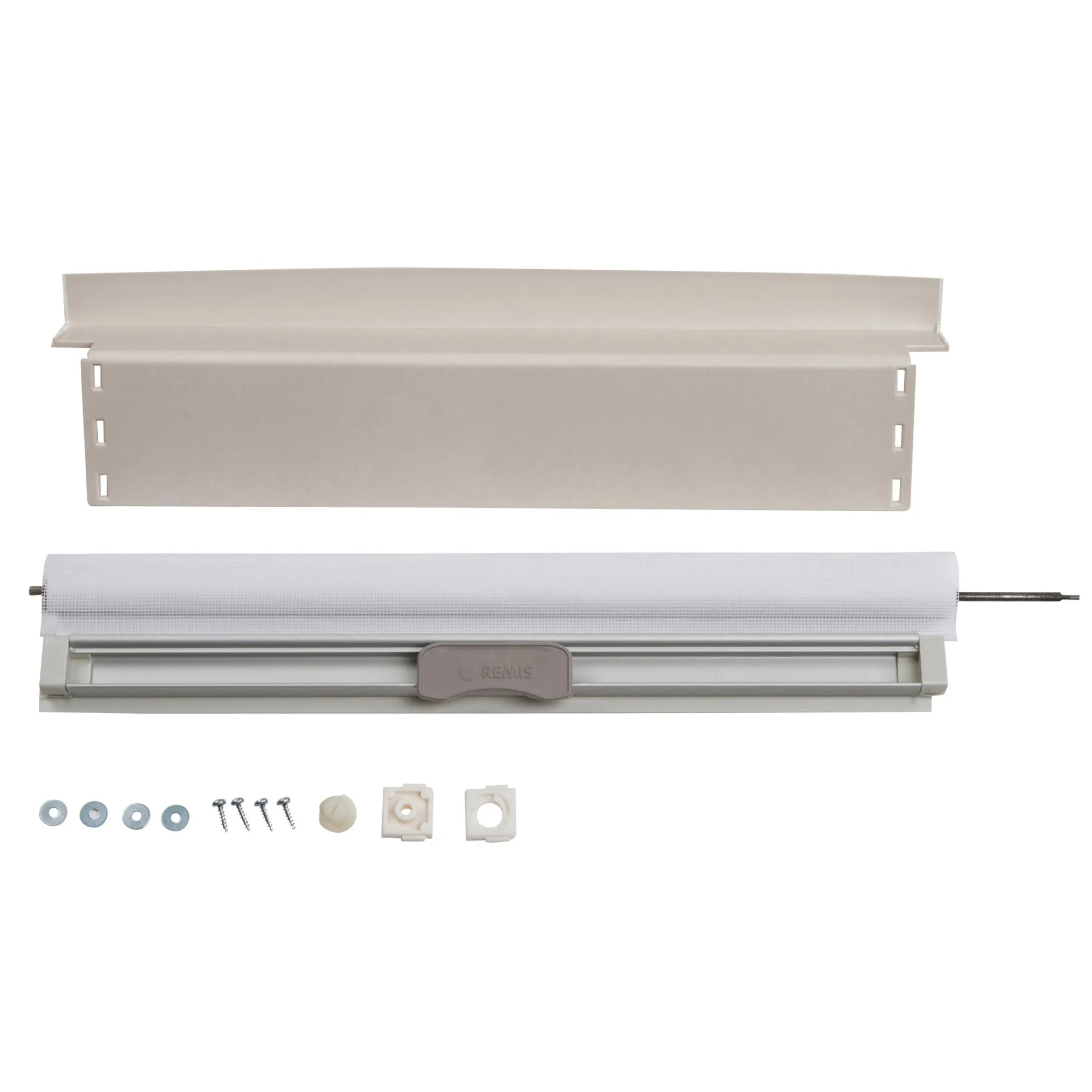 Fliegenschutz für RemiTop Vario 400 x 400 mm mit weißem Insektenschutzrollo, Abdeckung und Befestigungsmaterial