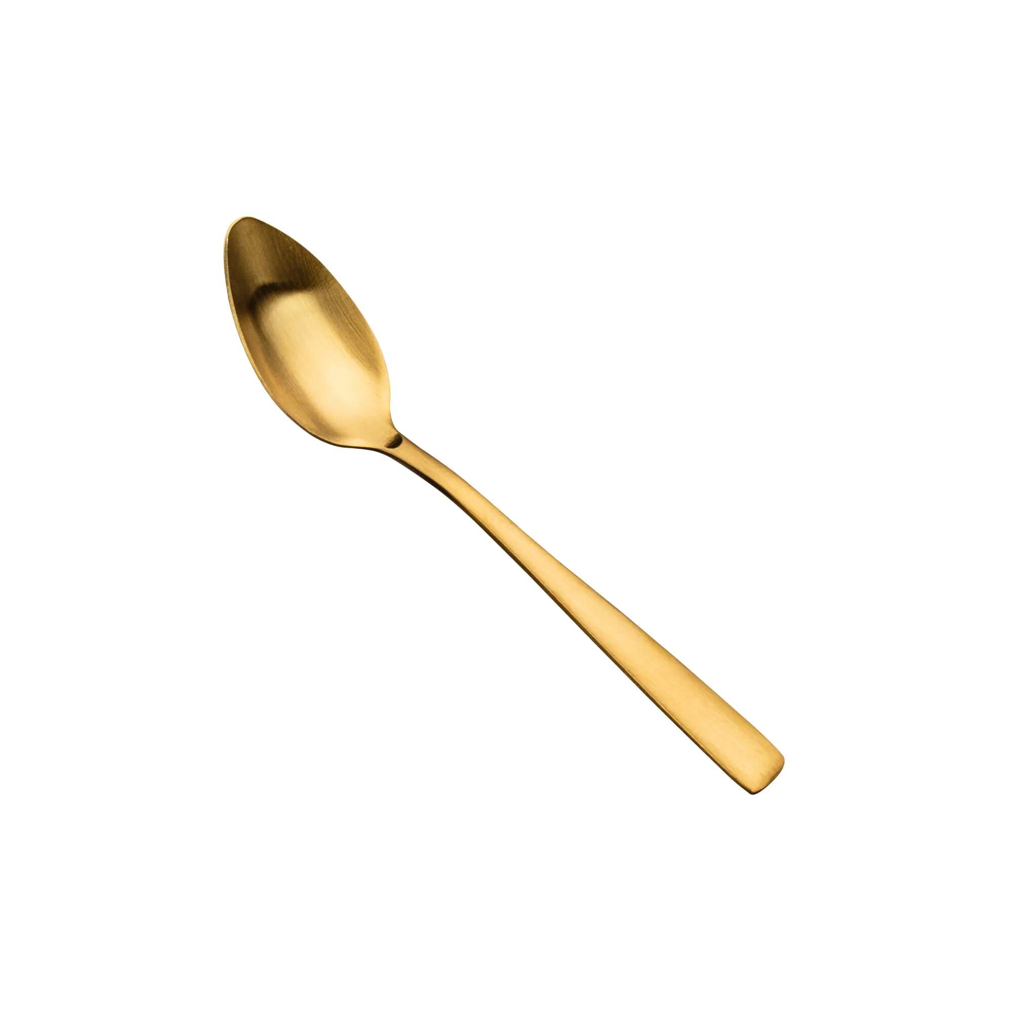 Goldener Edelstahl-Löffel mit länglichem, flachem Design und schlichtem, abgerundetem Griff auf weißem Hintergrund
