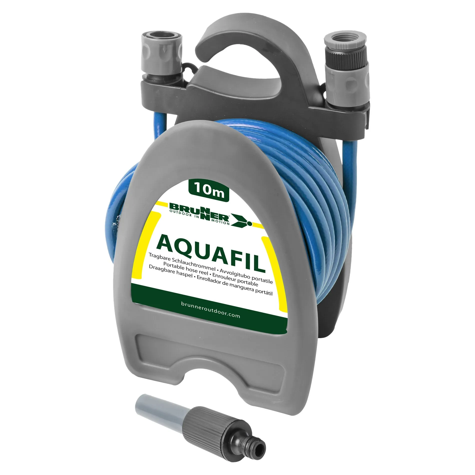 Graue tragbare Schlauchtrommel Aquafil von Brunner mit 10 Meter blauem Wasserschlauch und Anschlussstück 
