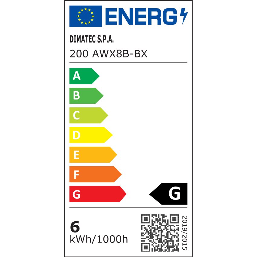 Etikett mit Energieeffizienzskala A bis G, sichtbare Bewertung G, Modell 200 AWX8B-BX, DIMATEC S.P.A., 6 kWh/1000h und QR-Code