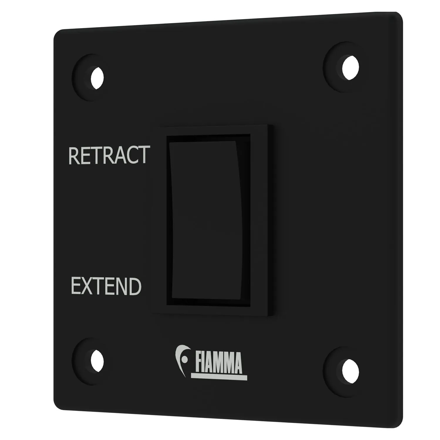 Schwarze rechteckige Fiamma Bedienplatte des Motor Kit Compact F80s mit RE­TRACT- und EXTEND-Schalter sowie vier Befestigungsöffnungen