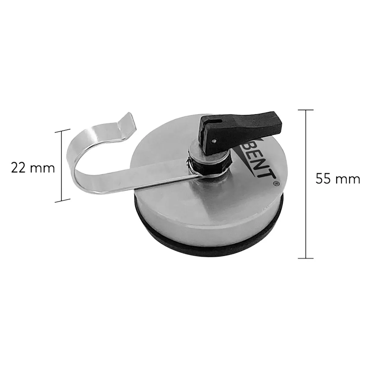 BENT Klappsauger aus Metall mit schwarzem Klapphebel und gebogenem Haltebügel, dargestellt mit den Maßen 22 und 55 mm