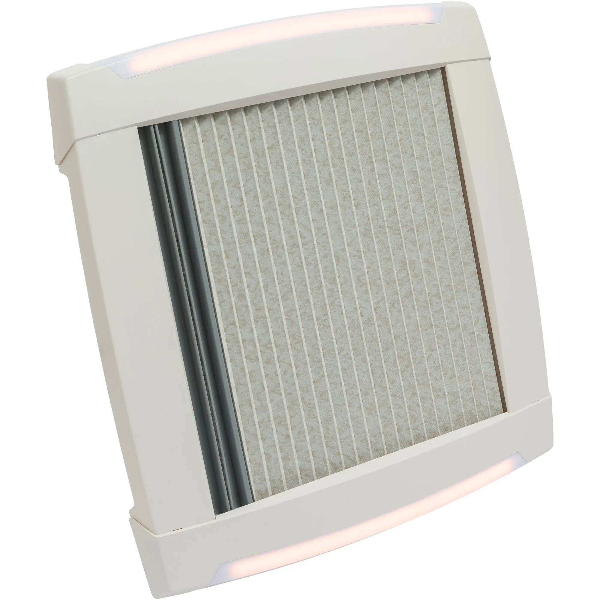Dachhaube VisionStar M 2 LED in cremeweiß, seitliche Perspektive mit Filterlamellen und integrierter Beleuchtung an Ober- und Unterkante