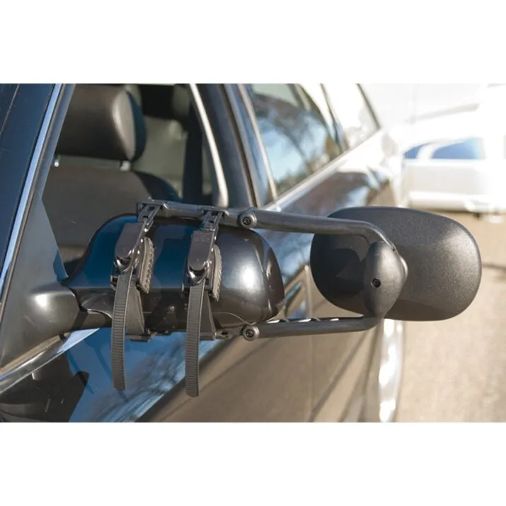 Schwarzer Caravanspiegel Handy Mirror XL Standard an der Fahrzeugtür mit zwei sichtbaren Befestigungsgurten