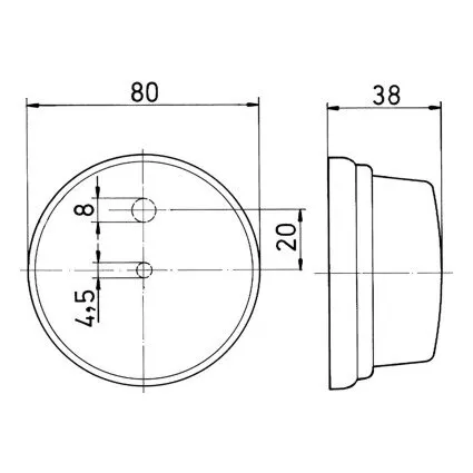 Technische Zeichnung der Begrenzungsleuchte PLR 272 mit Front- und Seitenansicht, 80 mm Durchmesser, 38 mm Tiefe und Bohrmaßen