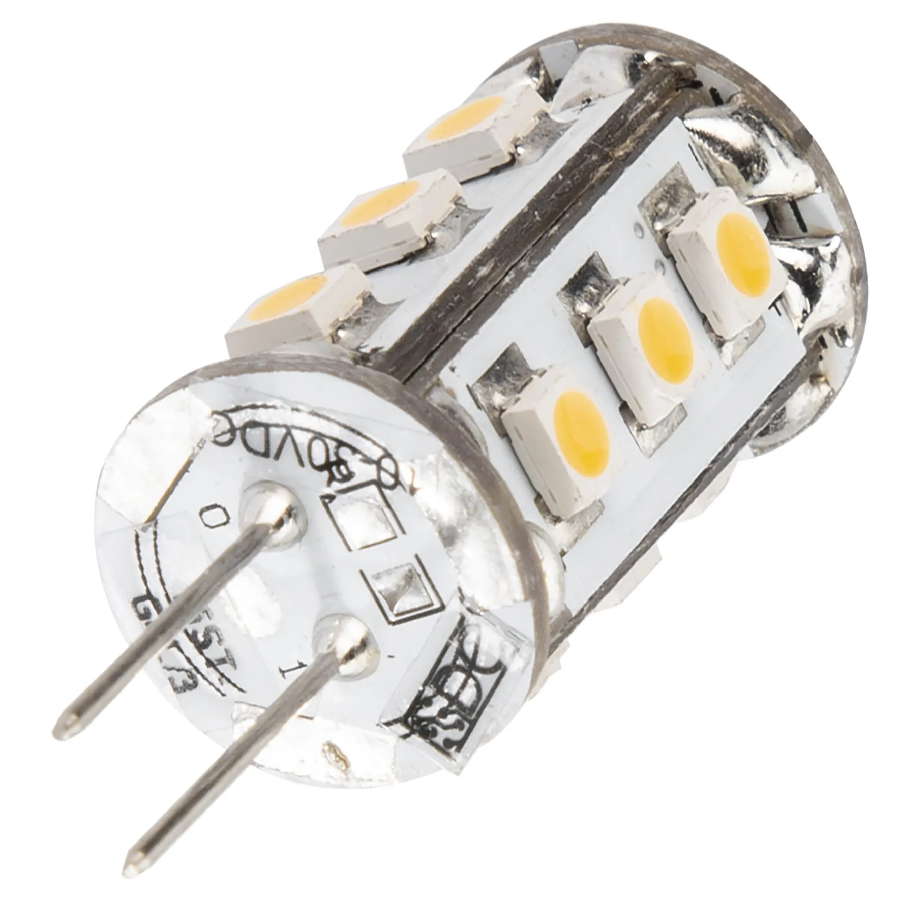 G4-LED-Leuchtmittel mit 1 W, zwei Kontaktstiften und zylindrischem Gehäuse mit gelben LED-Chips an den Seiten