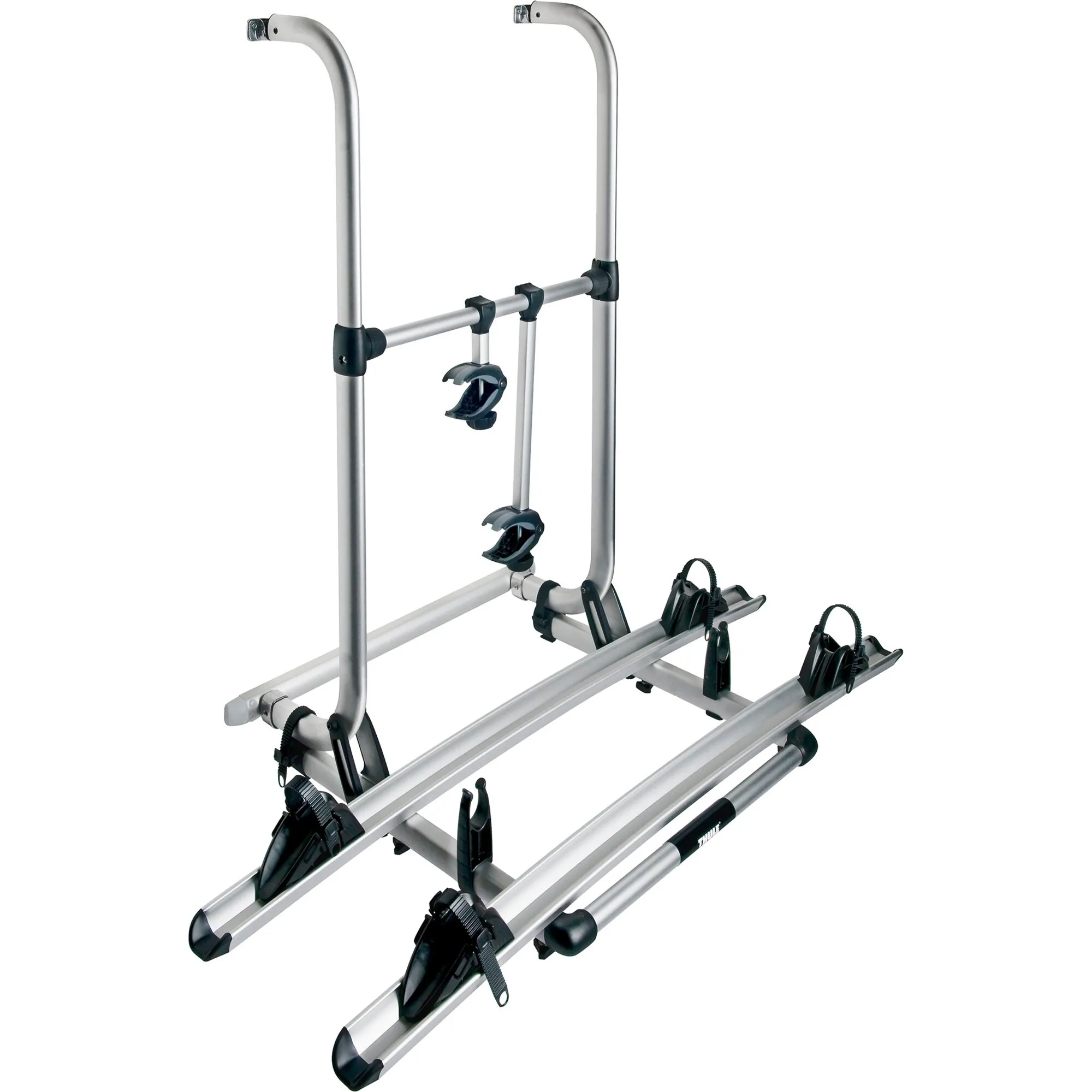 Thule Elite G2 HH Fahrradträger aus silbernem Aluminium mit drei Radschienen, schwarzen Rahmenhaltern und Befestigungsriemen