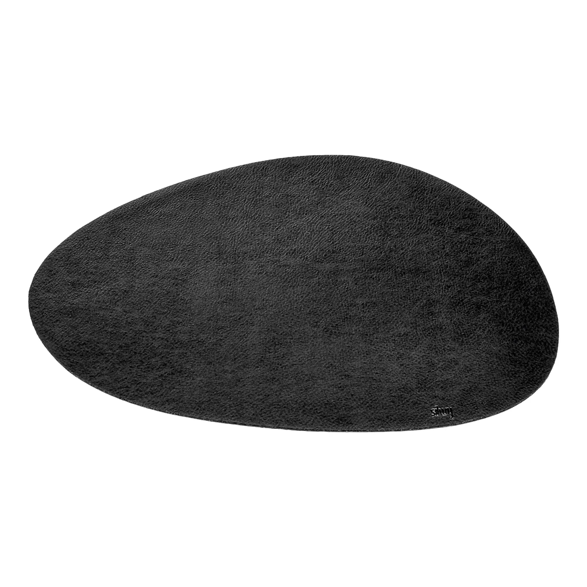 Schwarzes, ovales Metall-Nano-Gel-Platzset mit fein strukturierter Oberfläche und kleinem Shiny-Logo am Rand