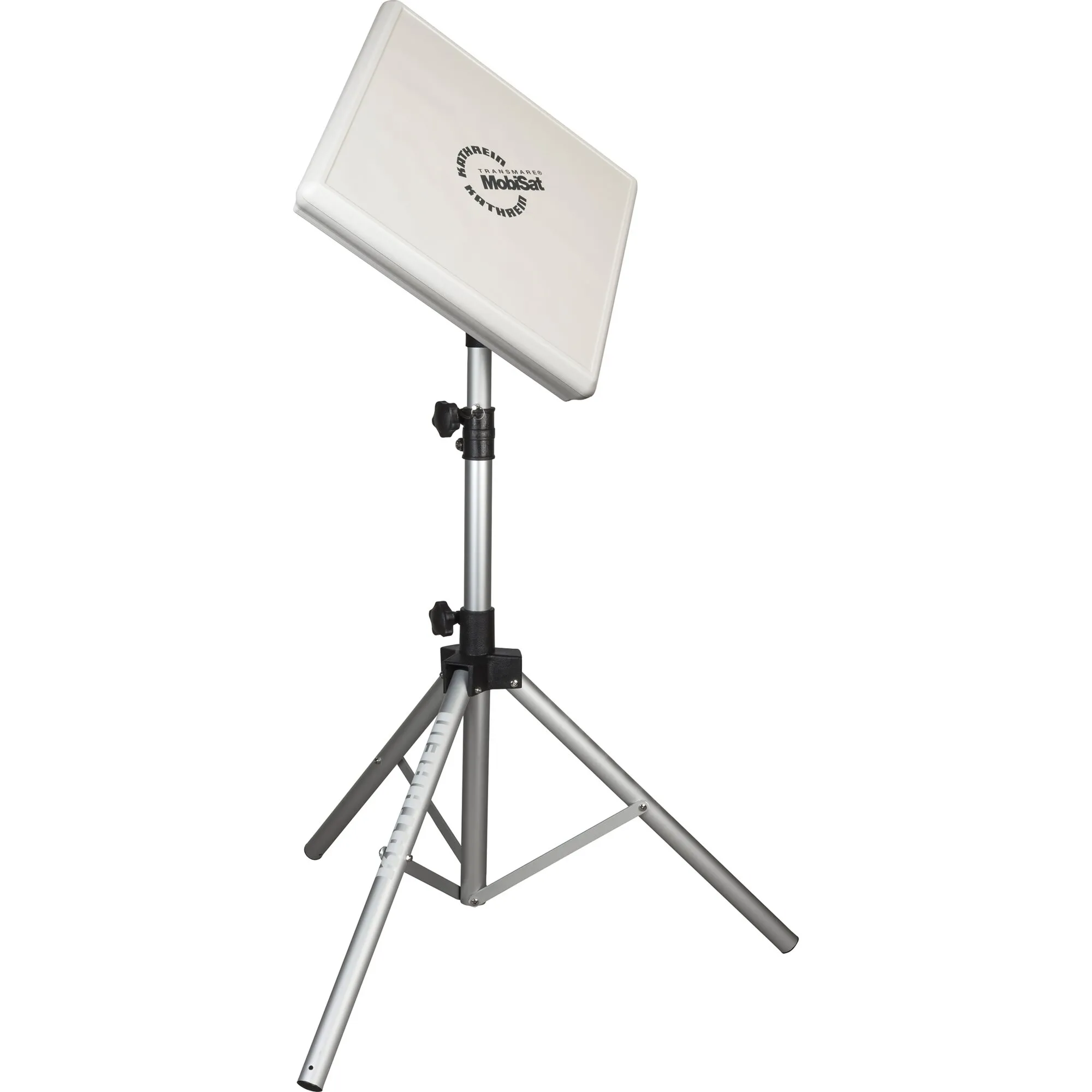 Weißes Antennen-Set HDS 166 mit rechteckiger Kathrein-Transmare-MobiSat-Antenne auf höhenverstellbarem Dreibeinstativ